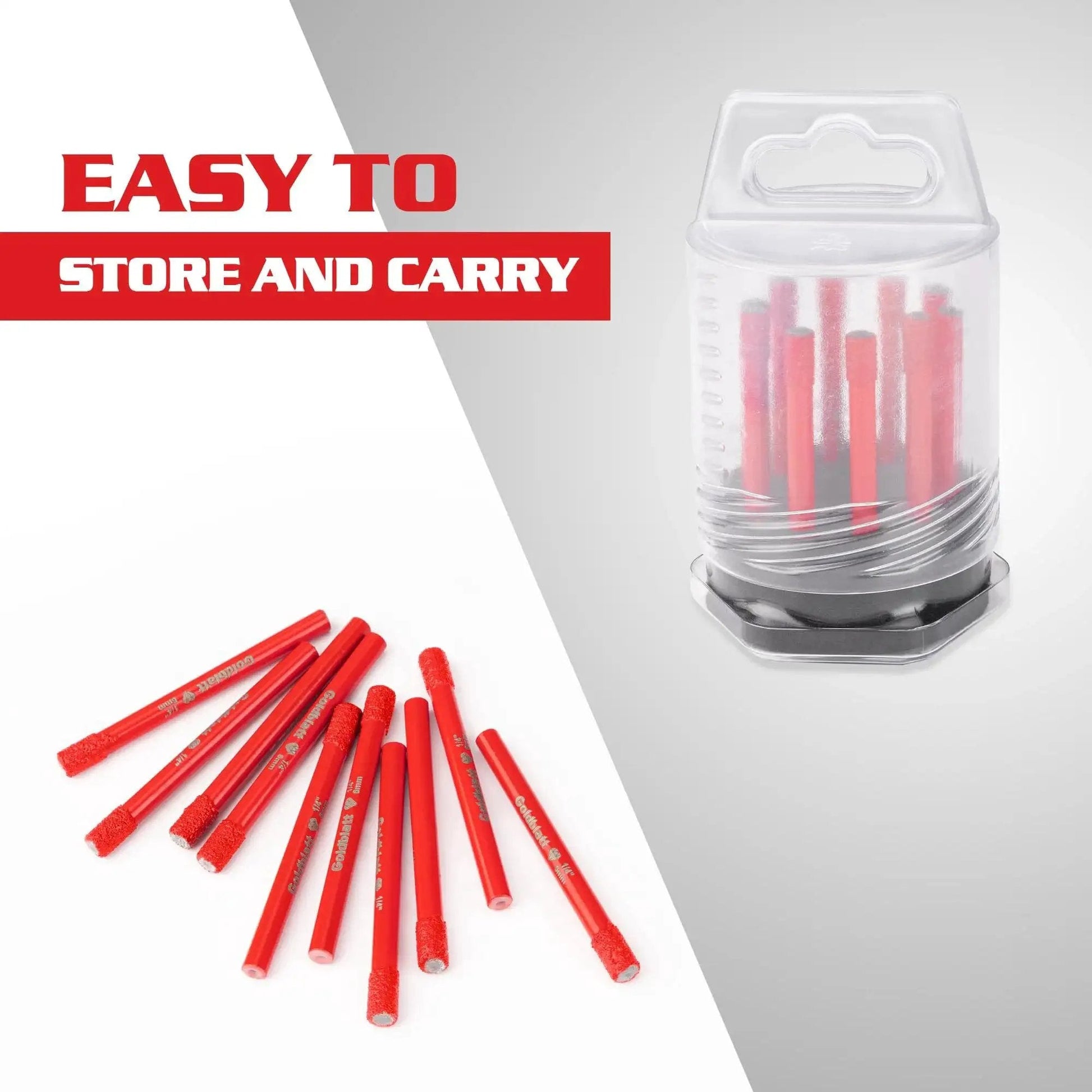 Powerful 10 Piece Diamond Drill Bit Set with One Quarter Inch Shank 6mm Vacuum Brazed Hole Saw, red bits and storage case.