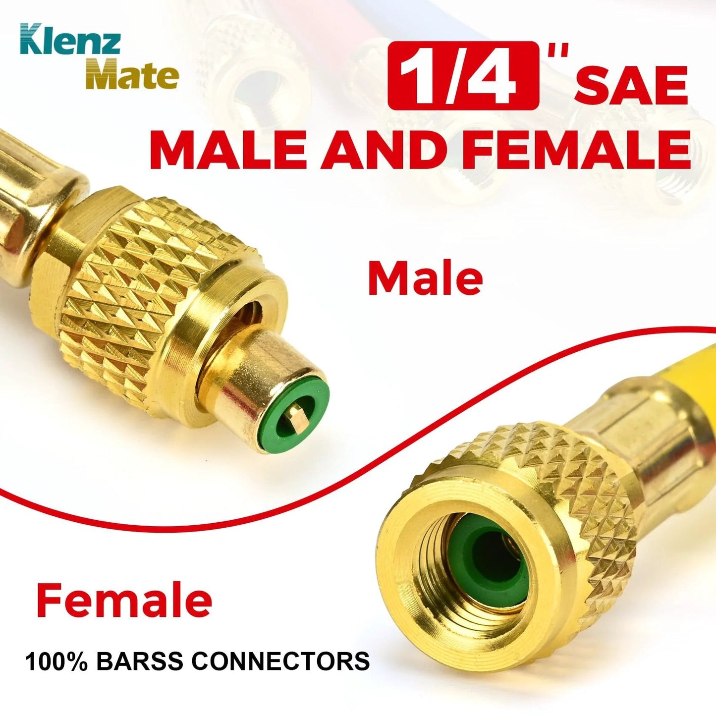 1/4 inch SAE male and female brass connectors for Heavy Duty Refrigerant Charging Hose Set With Color Coded Hoses In Yellow Red And Blue, 96 Inch Long, Standard One Quarter Inch Flare Fittings On Both Ends, Compatible With R410A R134A R22 And Most Common Refrigerants For Fast Recovery And Evacuation