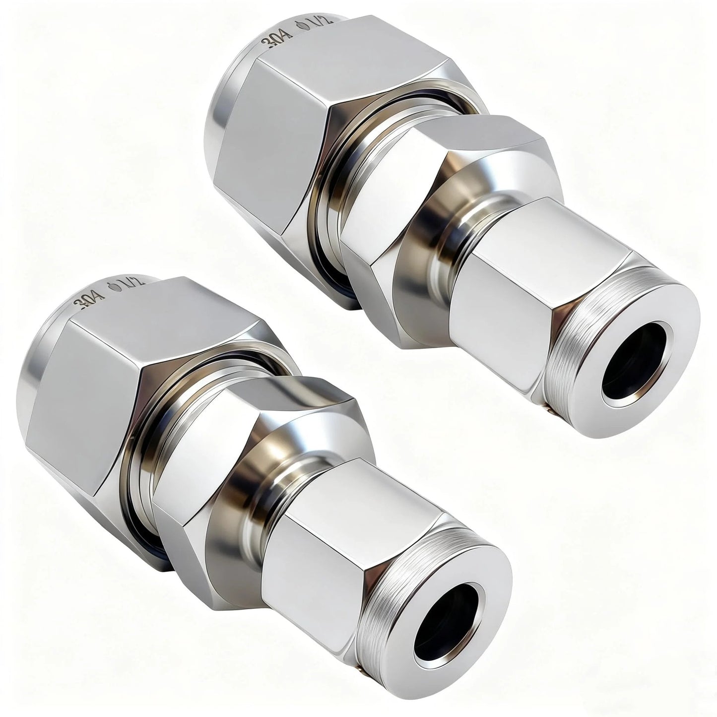 Premium 304 Stainless Steel Compression Tube Fitting Reducing Union With Double Ferrule Straight Adapter One Quarter To Three Eighths Inch Tubing For Fuel Oil Air And Some Corrosive Liquids Corrosion Resistant And High Temp Tolerant Two Pack Lophtnix, front view.