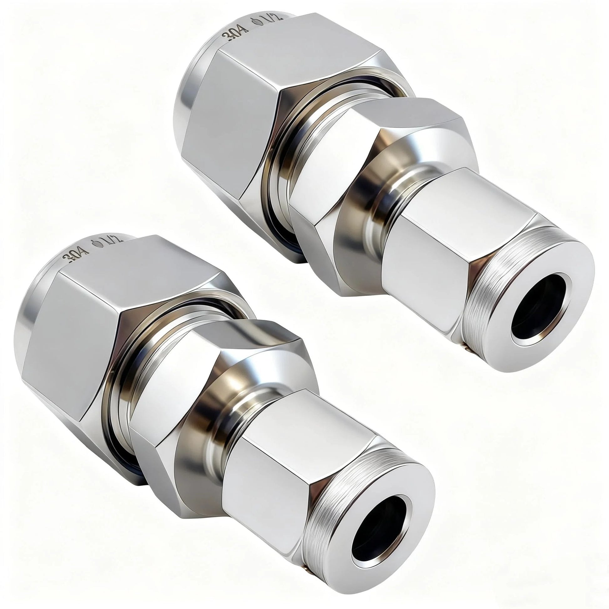 Premium 304 Stainless Steel Compression Tube Fitting Reducing Union With Double Ferrule Straight Adapter One Quarter To Three Eighths Inch Tubing For Fuel Oil Air And Some Corrosive Liquids Corrosion Resistant And High Temp Tolerant Two Pack Lophtnix, front view.