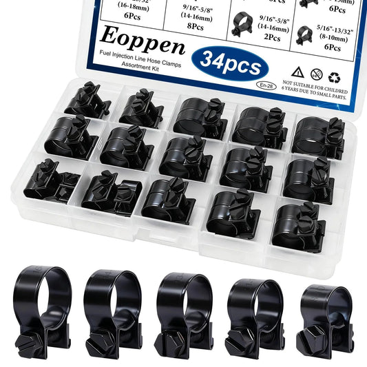 34 Piece Fuel Line Clamp Set With Five Size Ranges From 8 To 18 Mm And 1/4 In To 23/32 In For Diesel And Petrol Engines Black Fuel Injection Hose Clamps In Sturdy Carry Box By Eoppen