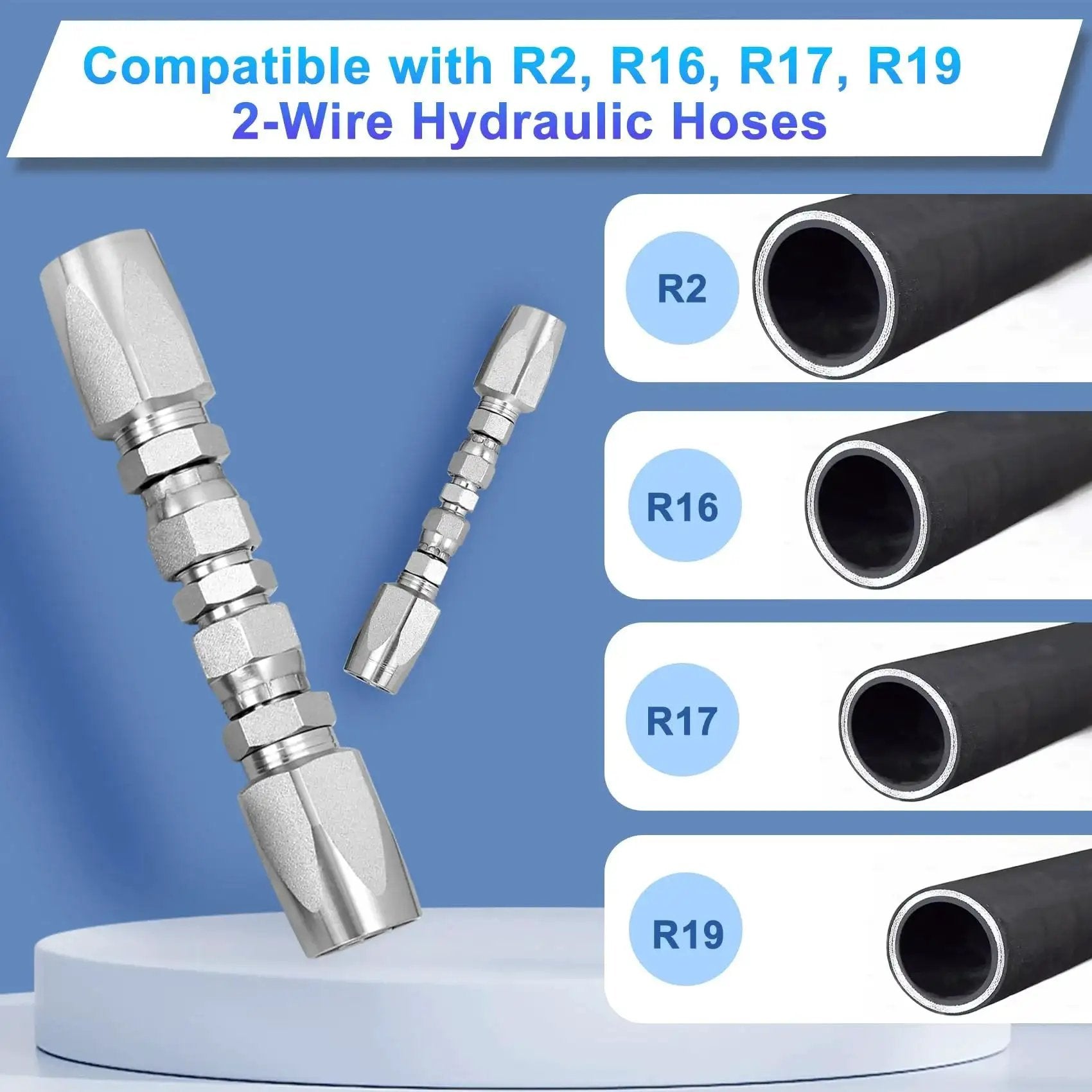All In One Reusable Hydraulic Hose Repair Kit Set With Four Pieces For Inner Diameters One Quarter Inch Three Eighths Inch And One Half Inch, Compatible With SAE 100R2 R16 R17 R19 Two-Wire Hydraulic Hoses, Quick Field Repairs, Workhorse Reusable Fittings displayed with hose compatibility labels.