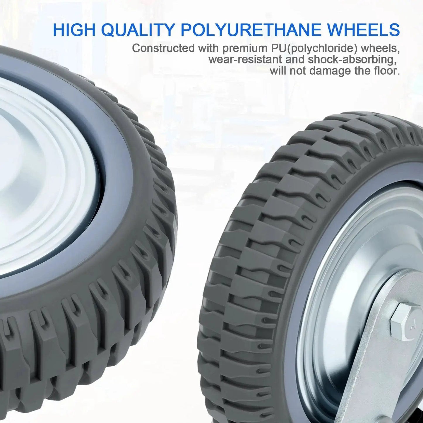 Close-up of 8 Inch Heavy Duty Caster Wheels Set With 2 Braked Swivel Casters And 2 Fixed Industrial Plate Casters Total Capacity 3500 Lbs 1600 Kg