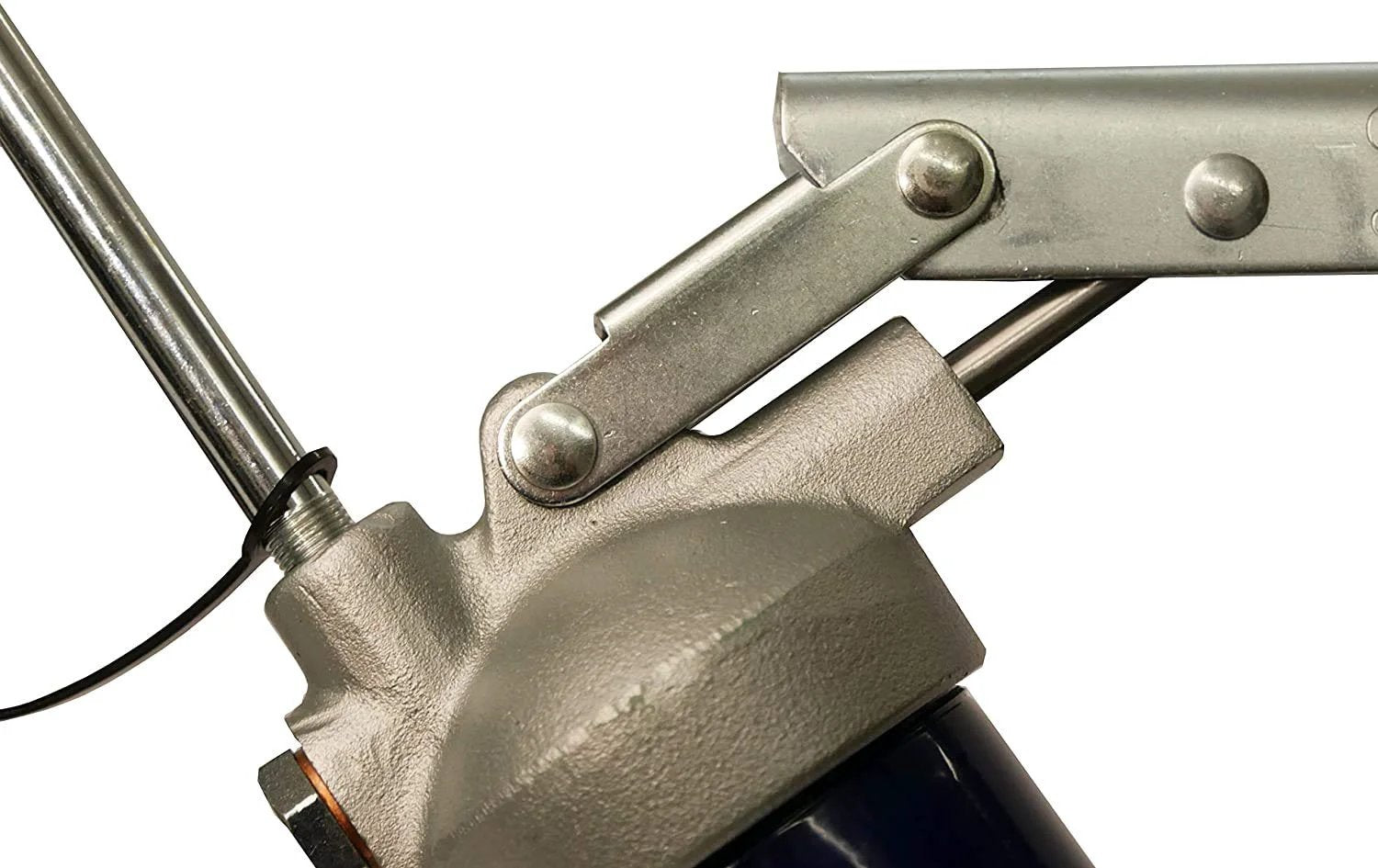 Close-up of Heavy Duty Lever Action Grease Gun With 18 Inch Whip Hose And Coupler featuring jam-proof toggle and cast pump head