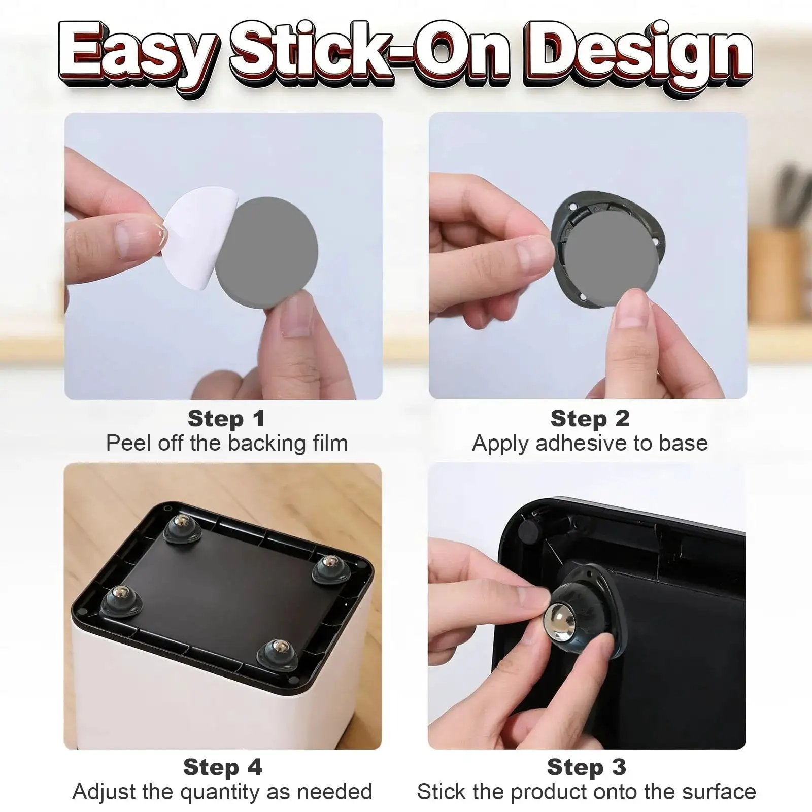 Black Stainless Steel Self Adhesive Caster Wheels 4 Pack installation steps for furniture and appliances.
