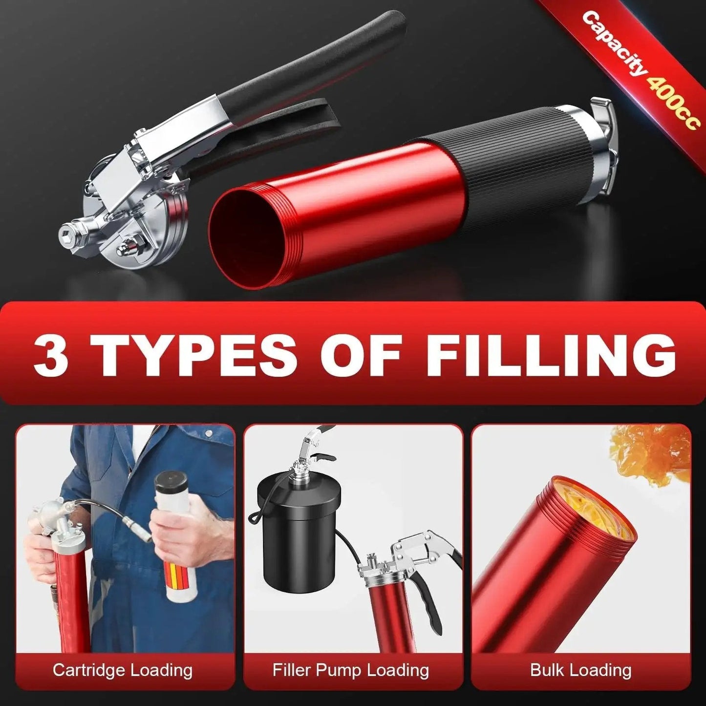 Heavy Duty 8000 PSI Pistol Grip Grease Gun Kit With Quick Locking Coupler Spring Flex Hose 14 Ounce Load demonstration