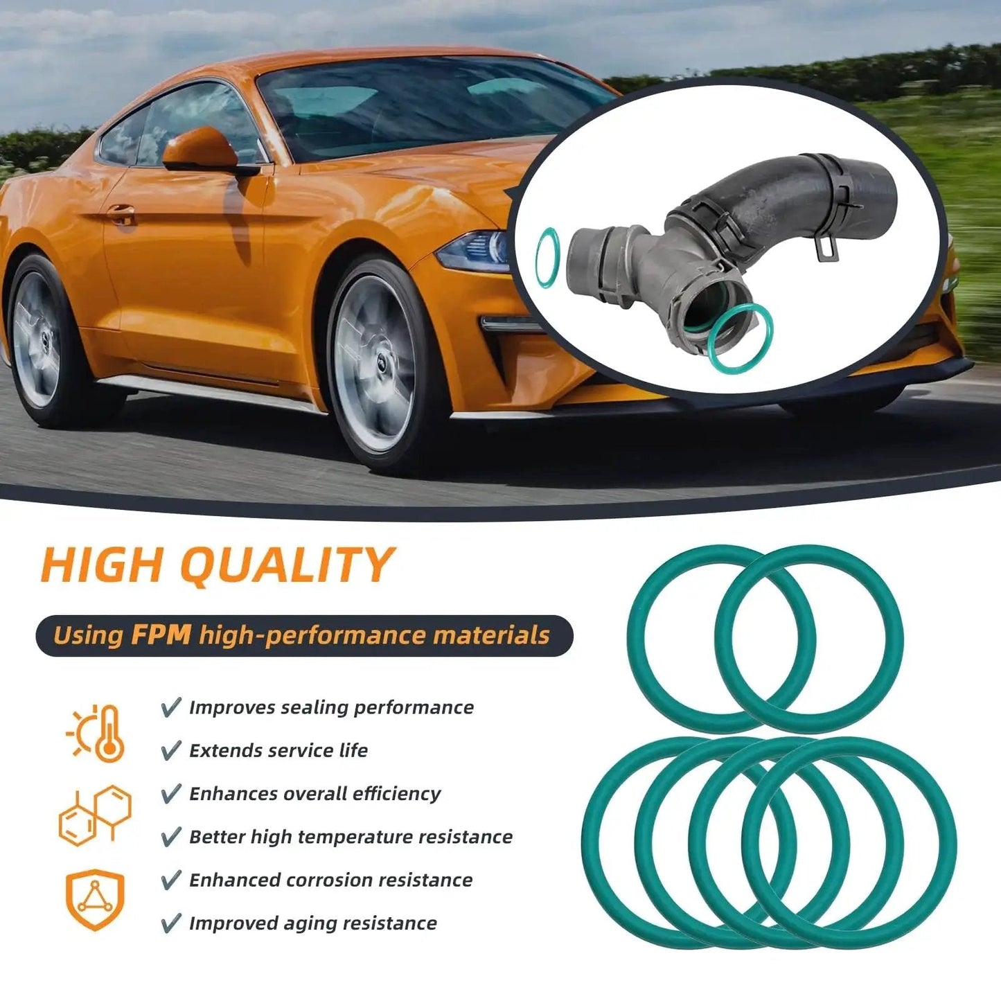 O Ring Seal Set For Ford F Series Radiator Hose And T Pipe Coolant Leak Repair 6 Pack shown with FPM material features