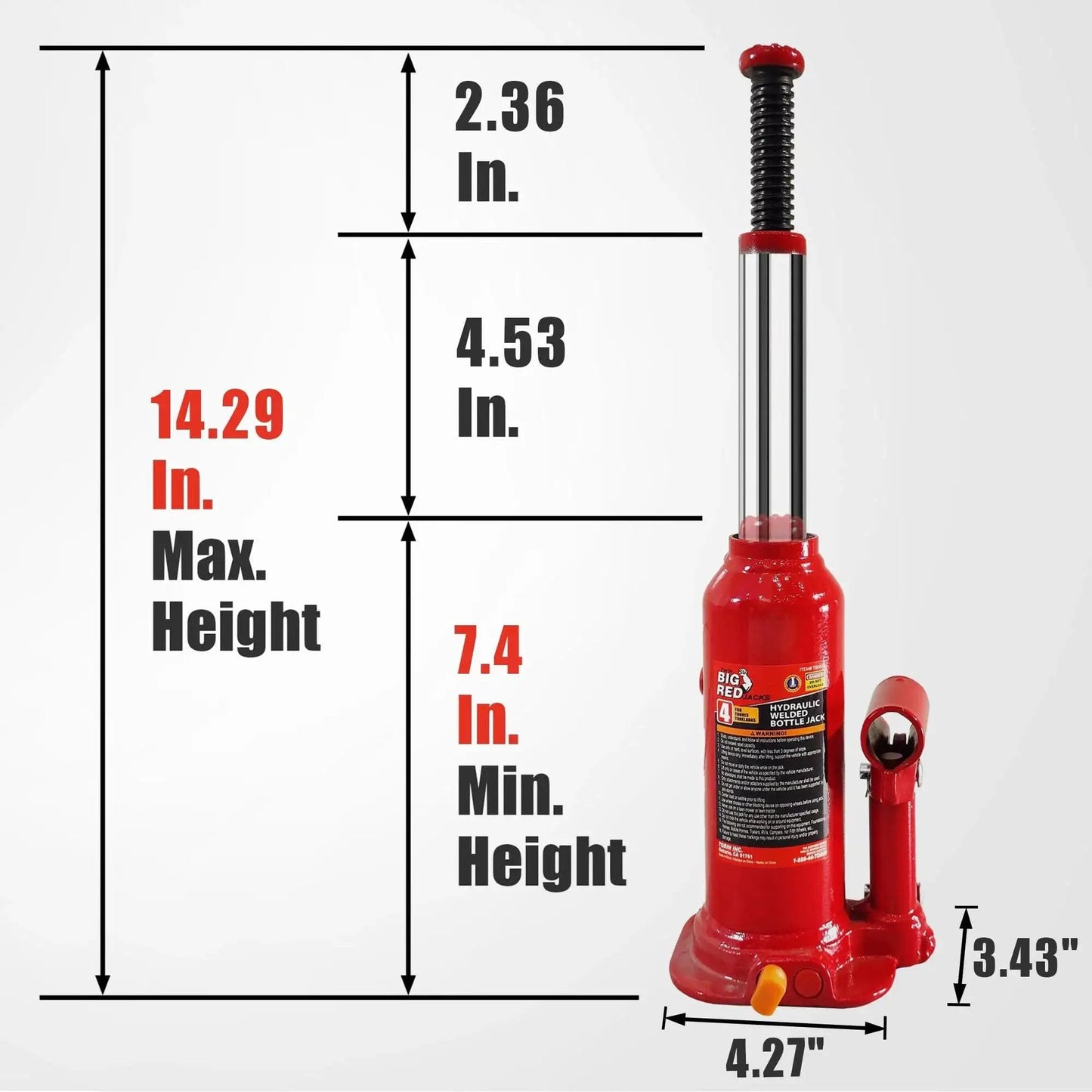 Big Red Hydraulic Bottle Jack With Carrying Case 4 Ton Capacity 8000 Lbs, shown extended with height measurements