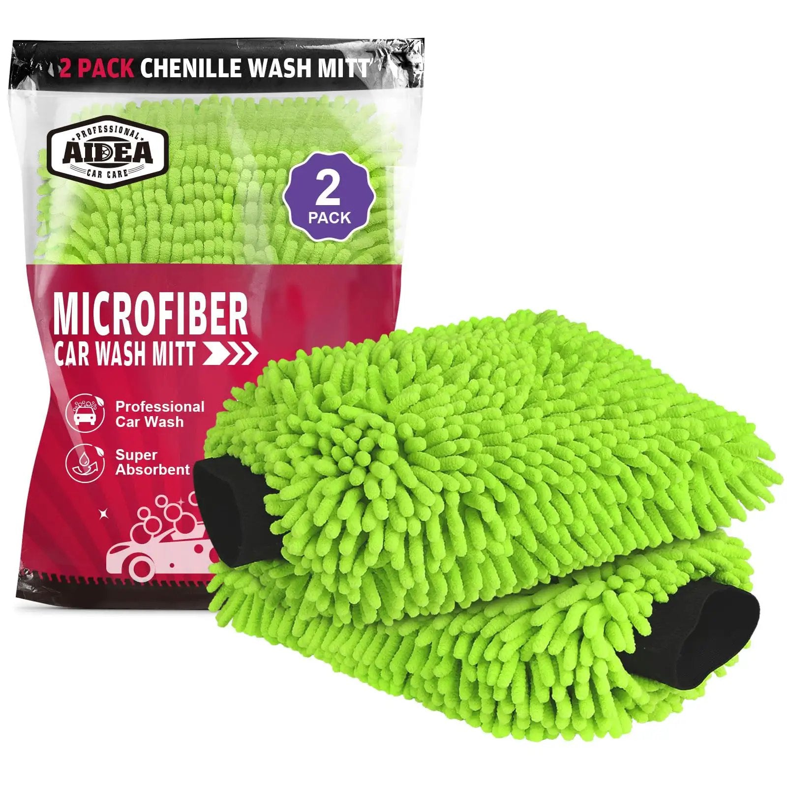 Scratch Free Microfiber Car Wash Mitt 2 Pack For Lint Free Shine And Scratch Resistant Cleaning, Extra Plush Chenille, Green, Double Sided Microfiber Mitts, 7.12 by 10.14 Inches Gentle On Paint AIDEA in packaging and laid out.