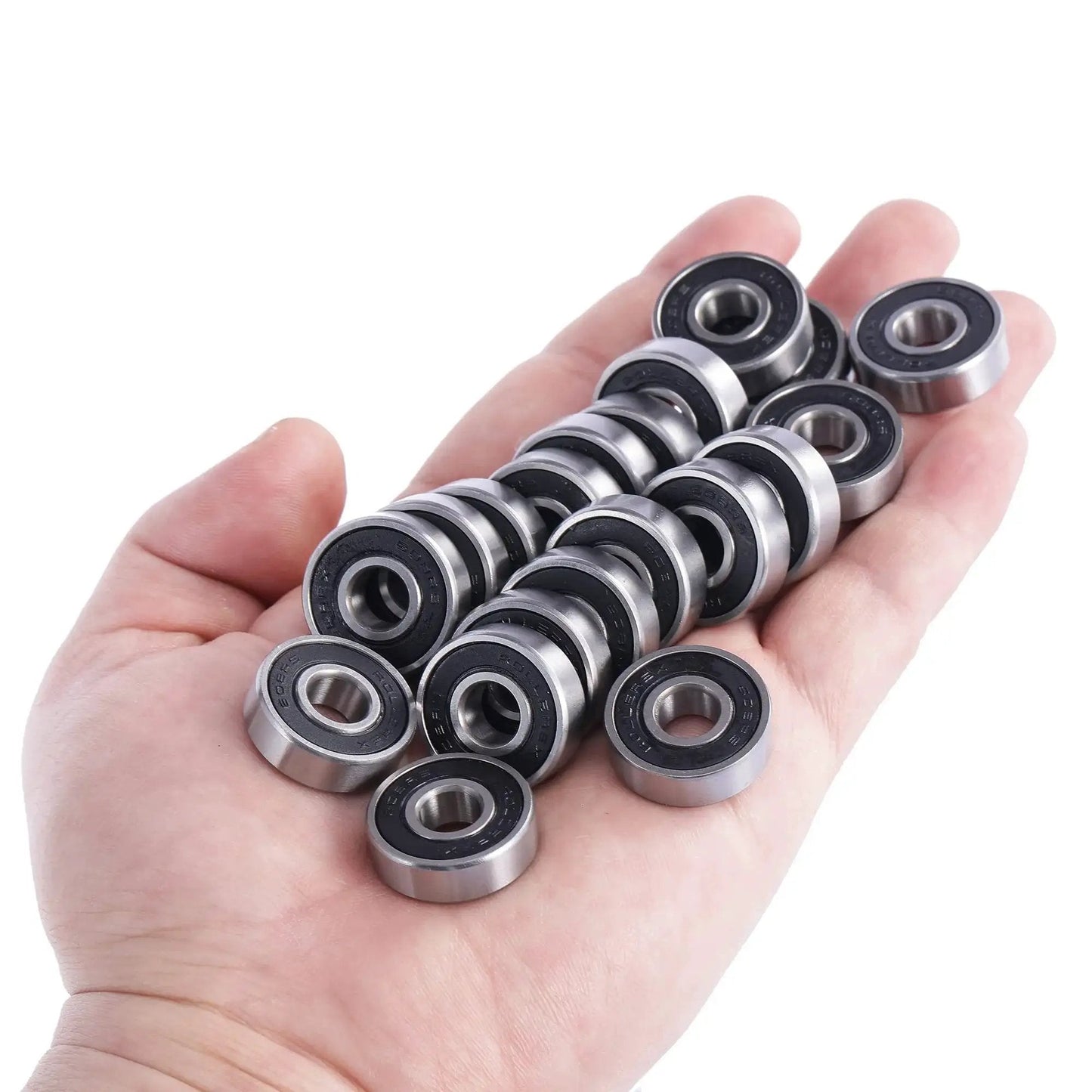 Hand holding 608-2RS Pre Lubricated Skate Wheel Bearings 20 Pack For Roller Skates Inline Skates Roller Blades Scooters RipStiks And Skateboards