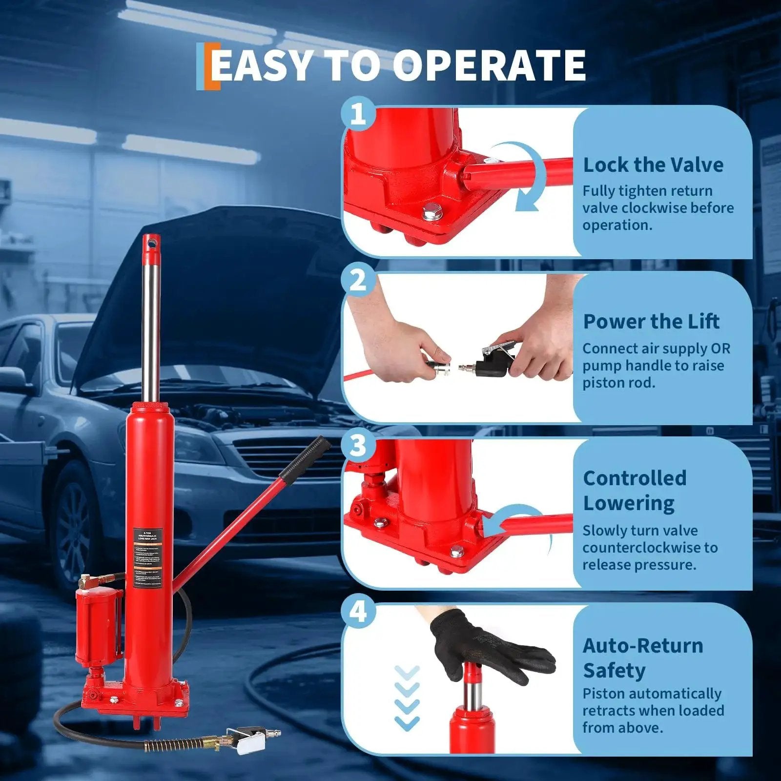 8 Ton Air Hydraulic Long Ram Jack For Engine Hoists And Cranes Clevis Base with step-by-step operation guide in garage setting