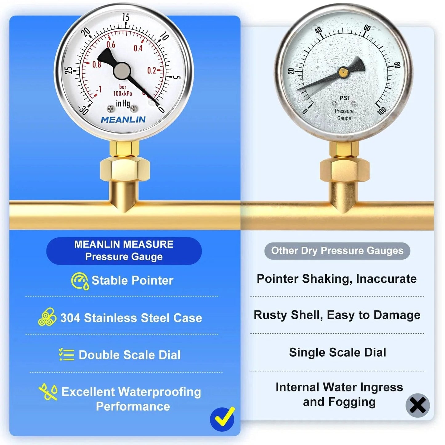 Stainless Steel Vacuum Gauge For Air Compressors And HVAC, Two Inch Dial, One Quarter Inch NPT, Waterproof Lower Mount, Negative Pressure Meter From Minus Thirty InHg To Zero Psi with stability and waterproof features.