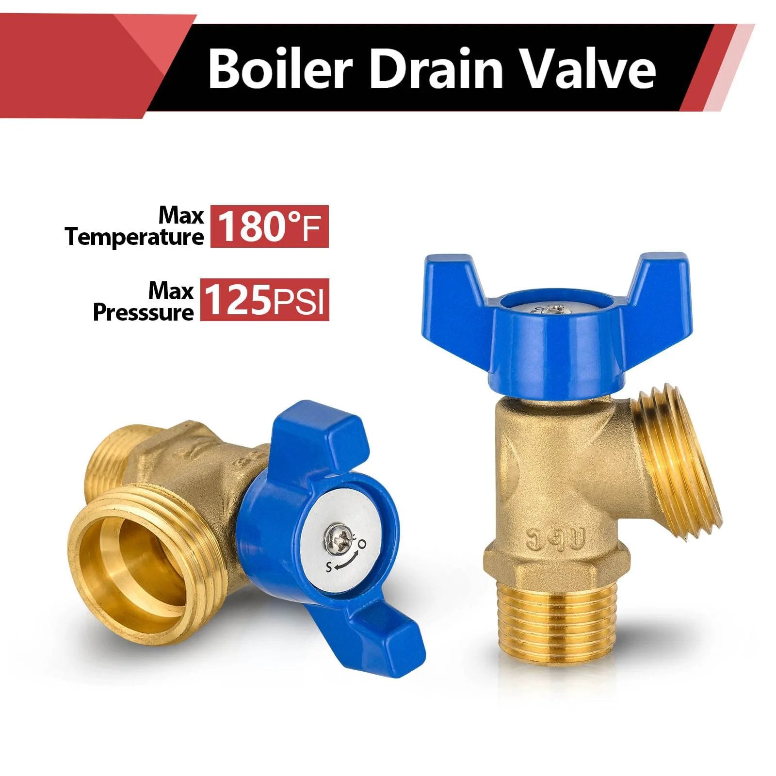 Two Pack Brass Boiler Drain Valve Set One Half Inch MIP To Three Quarter Inch MHT Connections One Quarter Turn Handle for Easy Flow Control