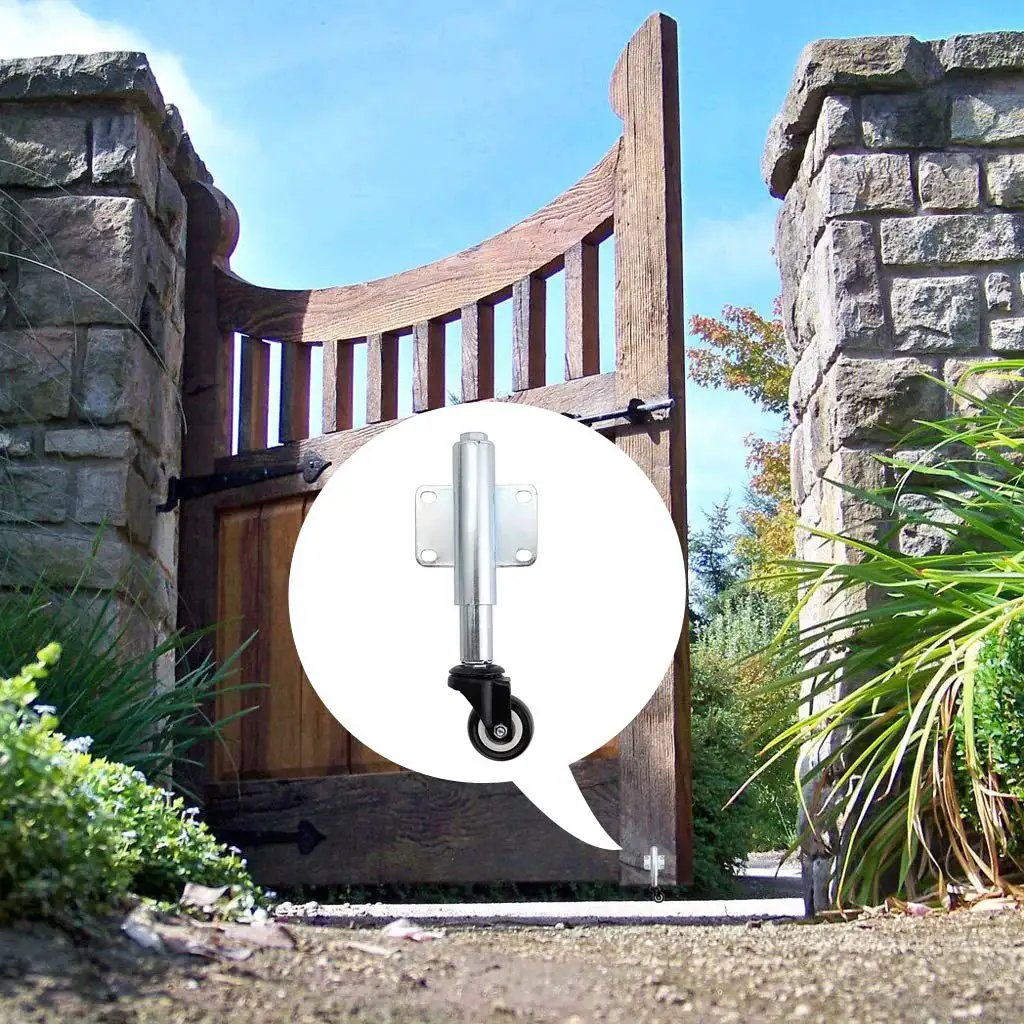 Gate Caster With Spring Loaded Retractable Wheel For Wooden Gates And Yard Fences, Two Inch Wheel, shown installed on a wooden gate