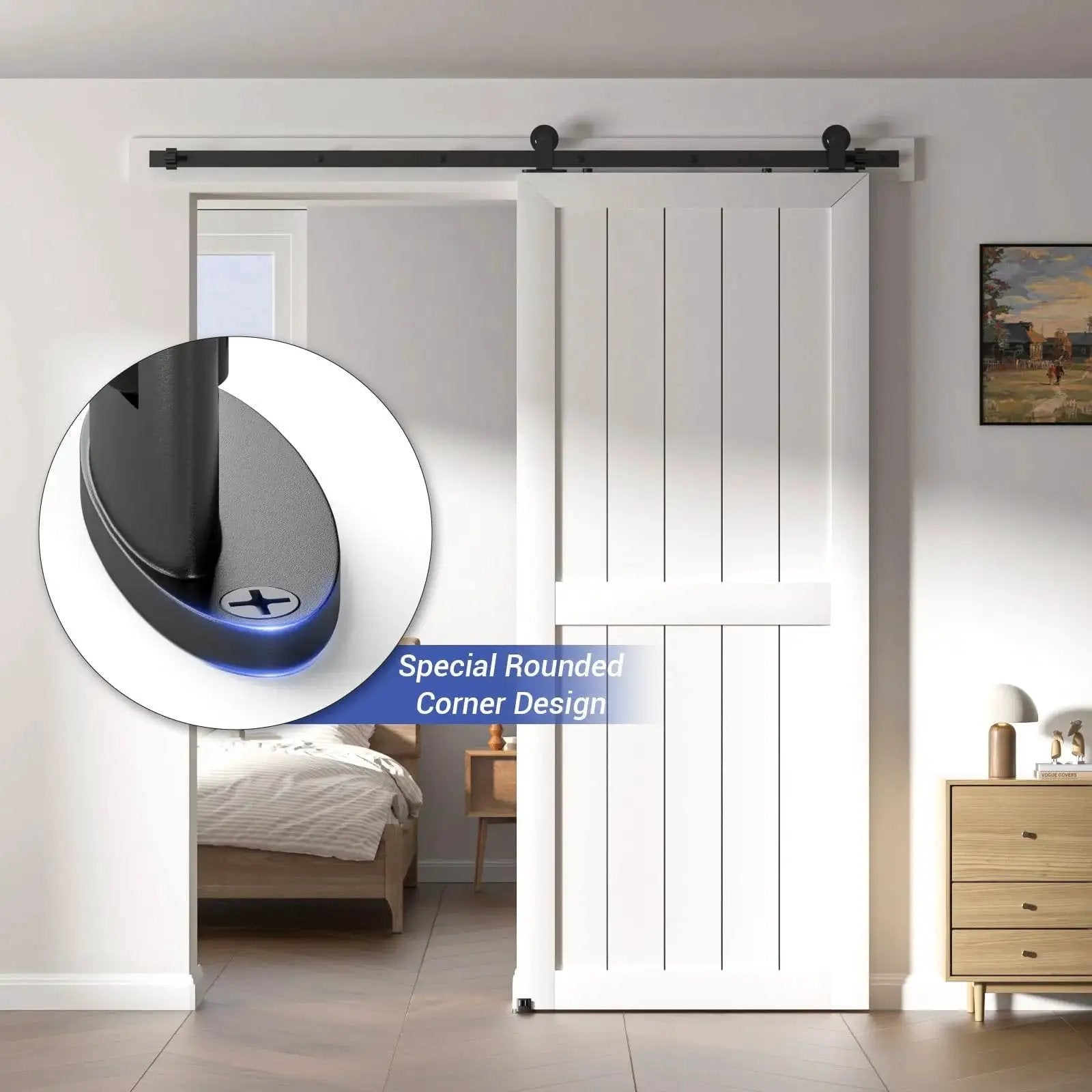 Sliding Barn Door Floor Guide For Bottom Installations, Adjustable Wall Mounted Guide With Flexible Double Wheel Design, shown installed