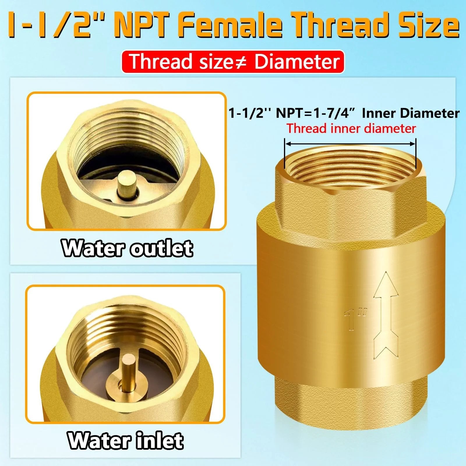 Solid Brass Spring Check Valve One And One Half Inch NPT Female Thread Non Return One Way Inline Water Valve for Well Pump Tank