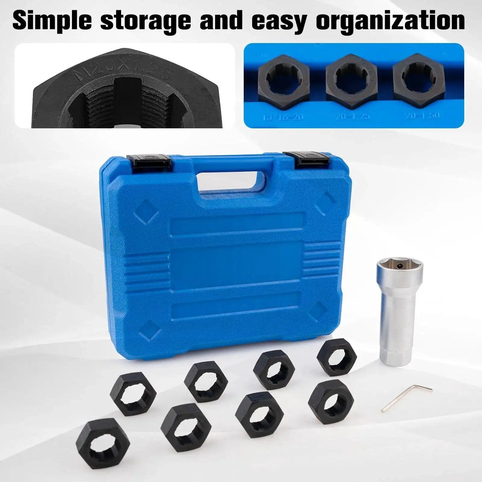 Axle Spindle Thread Chaser Set For Vehicle Axles With 8 Dies And 1-1/16 Inch Extension Bar and 8 Nuts, blue storage case