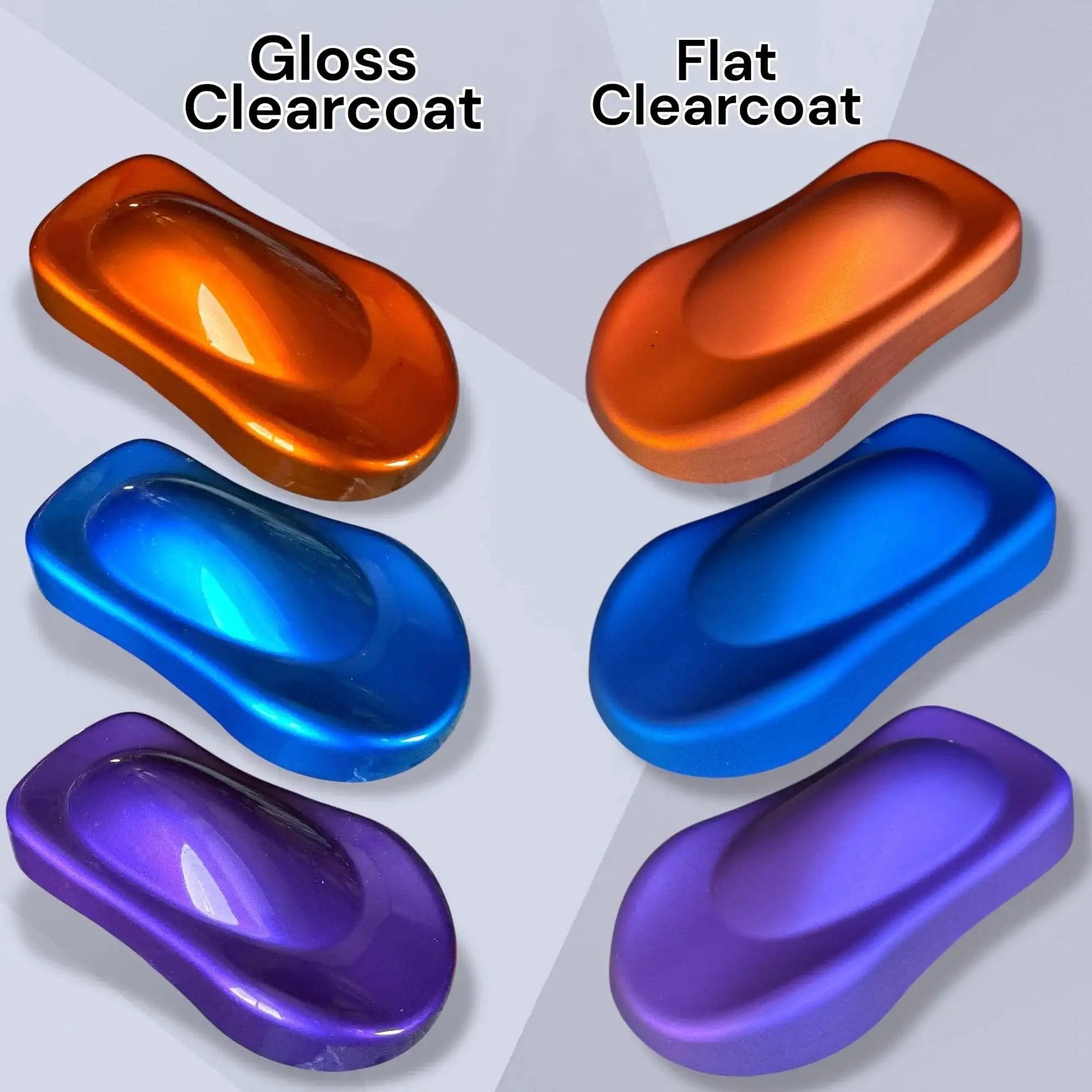 Gloss and flat finishes of 2K Clearcoat Automotive Paint Kit With Hardener Topcoat For Cars 1.25 Gallon shown in various colors.