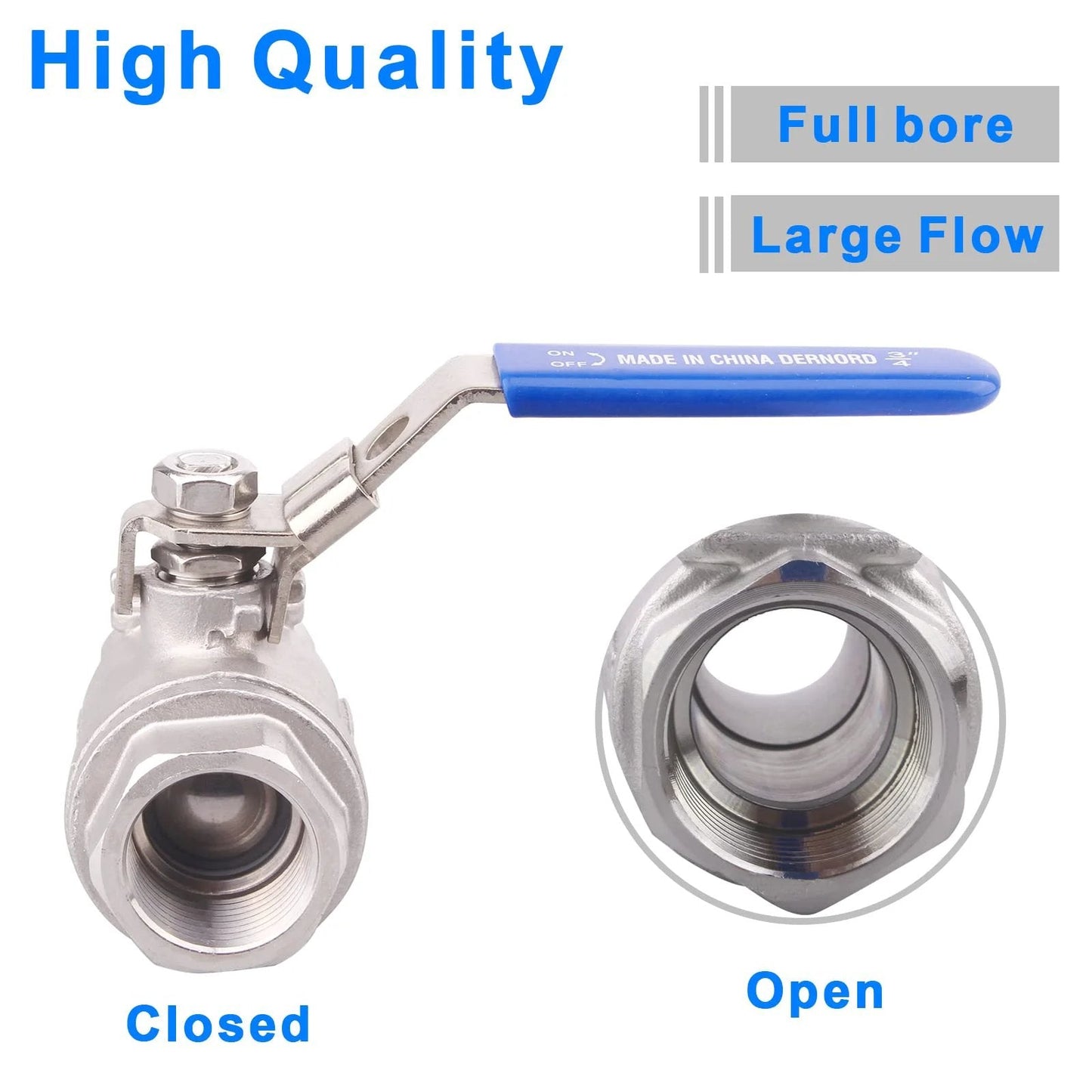 Heavy Duty Stainless Steel 304 Ball Valve With Locking Device From Dernord, Full Port For Water Oil Gas, Three Quarter Inch NPT