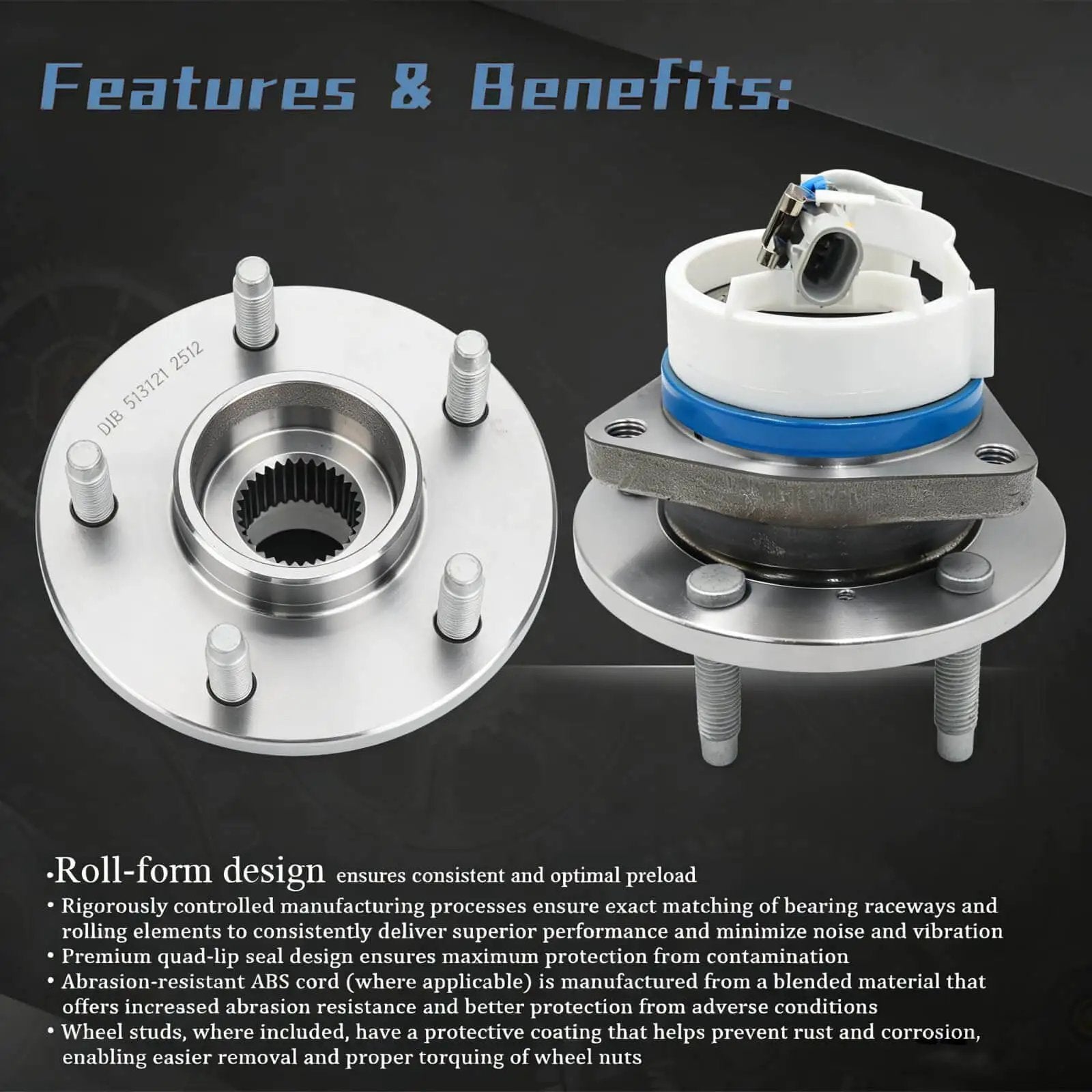Single Front Wheel Hub Bearing Assembly, Fits Chevy Impala Monte Carlo Uplander Venture Buick Regal Century Lucerne Cadillac DeVille DTS Seville Pontiac Montana 5-Lug ABS OEM 513121 12429204 with ABS sensor features.
