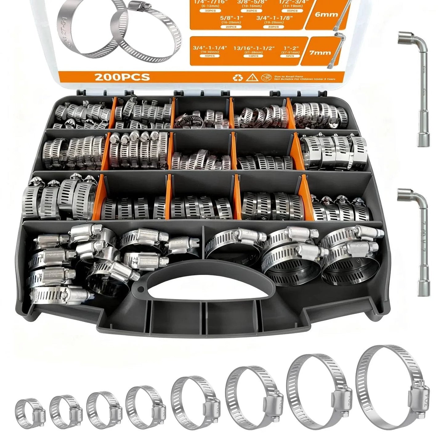 200 Piece Hose Clamp Kit Assortment In Heavy Duty 304 Stainless Steel Worm Gear Clamps One Quarter To Two Inches Range Eight Size Automotive Fuel Line Radiator Coolant Hose Clamp Set Ideal For Automotive Repairs And DIY Projects in black storage case