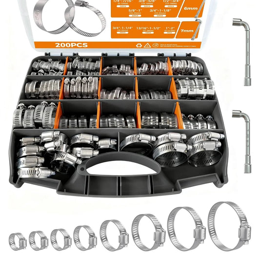 200 Piece Hose Clamp Kit Assortment In Heavy Duty 304 Stainless Steel Worm Gear Clamps One Quarter To Two Inches Range Eight Size Automotive Fuel Line Radiator Coolant Hose Clamp Set Ideal For Automotive Repairs And DIY Projects in black storage case
