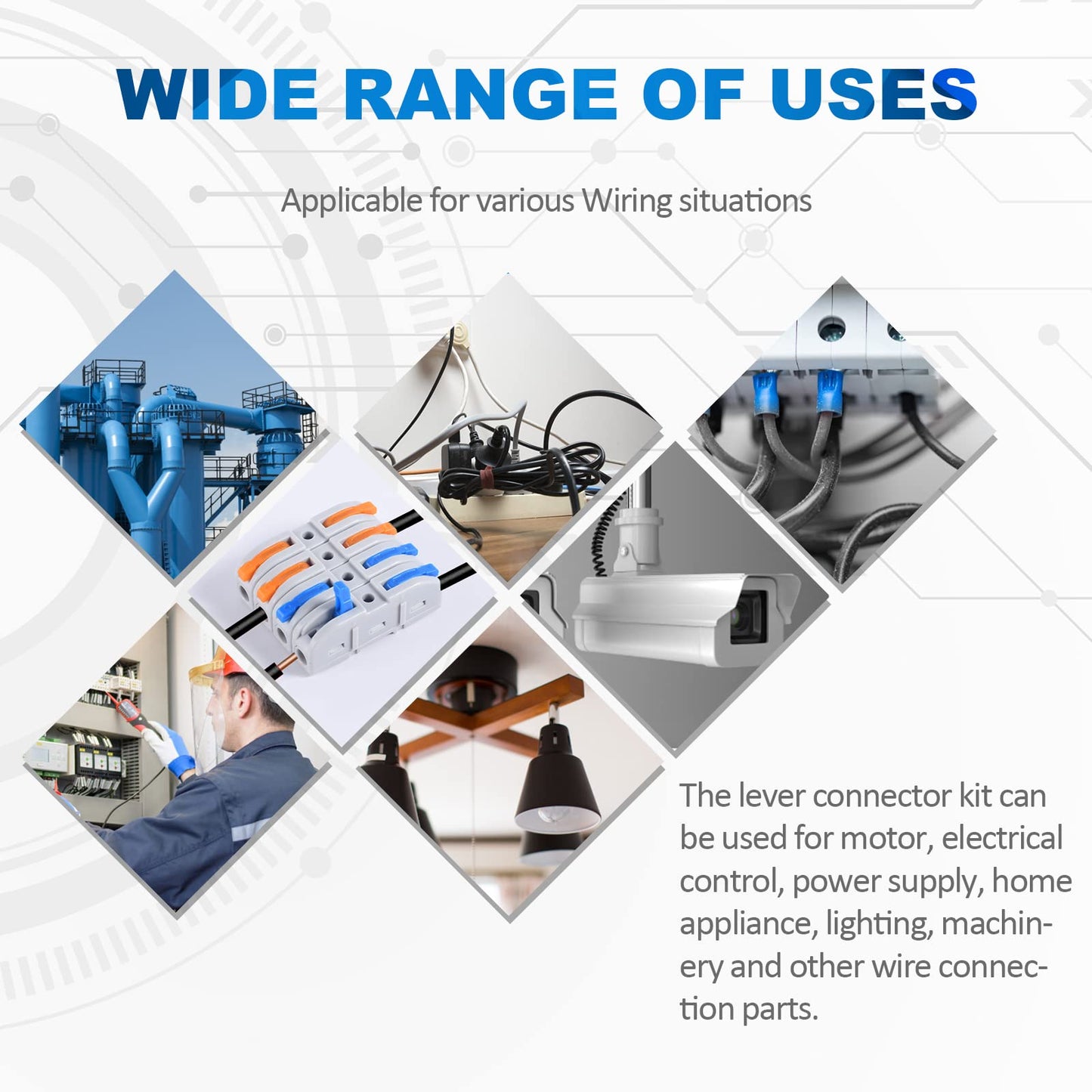 Collage showcasing various applications for Lever Wire Connectors Quick Connect Splicing Kit For Compact Inline Terminals 28-12 AWG 1 In 1 Out Multicolored 60-Piece Set