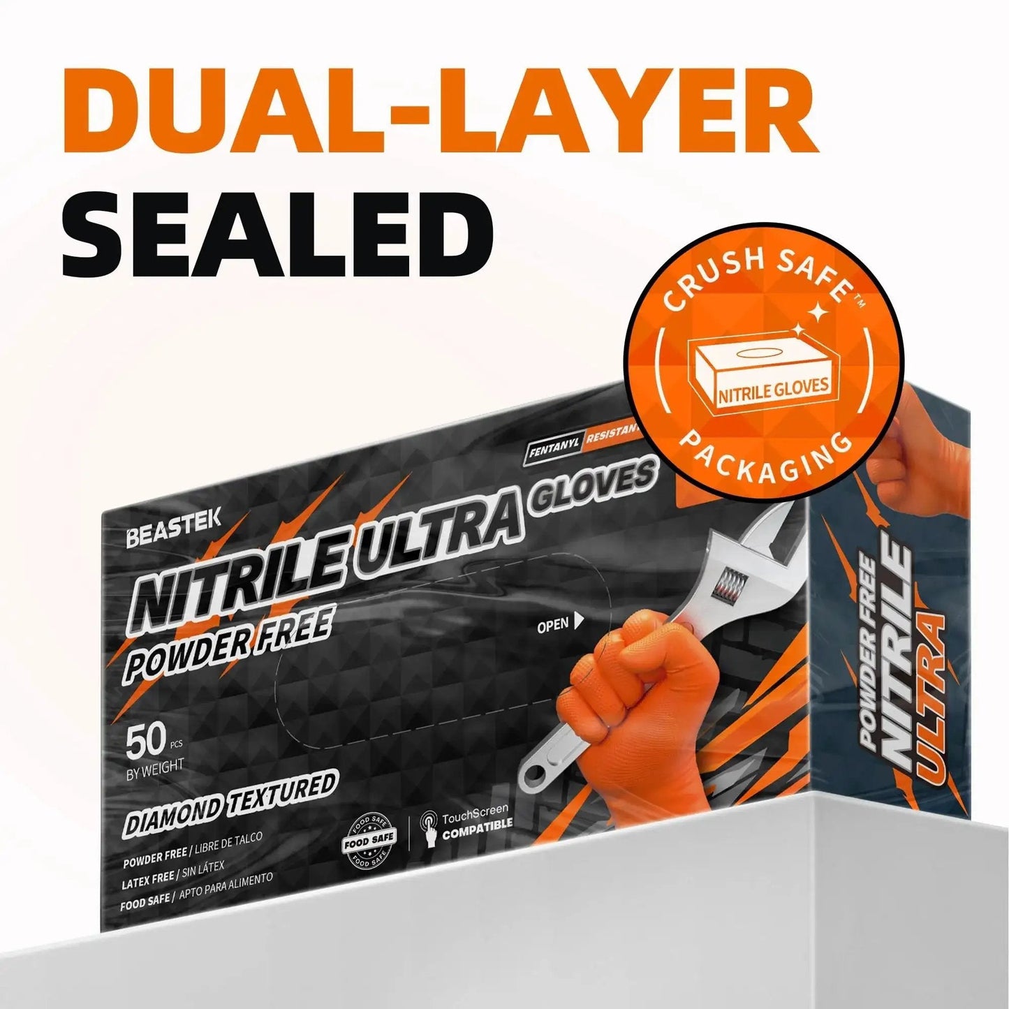 Box of 8 Mil Nitrile Disposable Gloves Heavy Duty Diamond Textured Orange Large 50 Pcs, featuring durable packaging