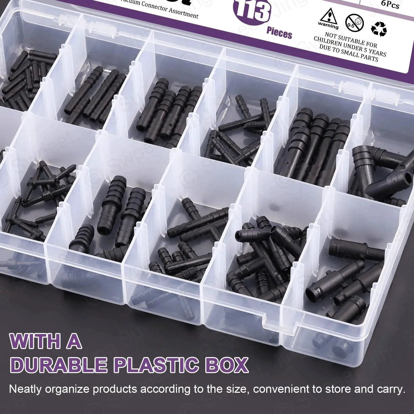 All In One 113 Piece Barbed Vacuum Connector Kit With Tee Connectors Reducers And Straight Hose Fittings For Replacing Vacuum Hoses In Cars Trucks Boats And Home Appliances Swpeet in plastic organizer