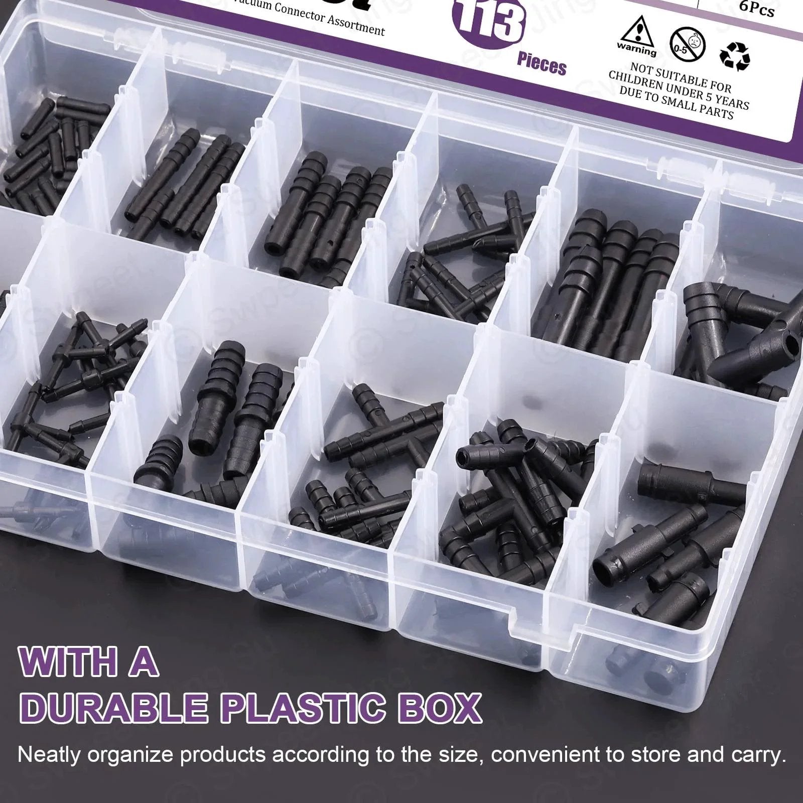 All In One 113 Piece Barbed Vacuum Connector Kit With Tee Connectors Reducers And Straight Hose Fittings For Replacing Vacuum Hoses In Cars Trucks Boats And Home Appliances Swpeet in plastic organizer