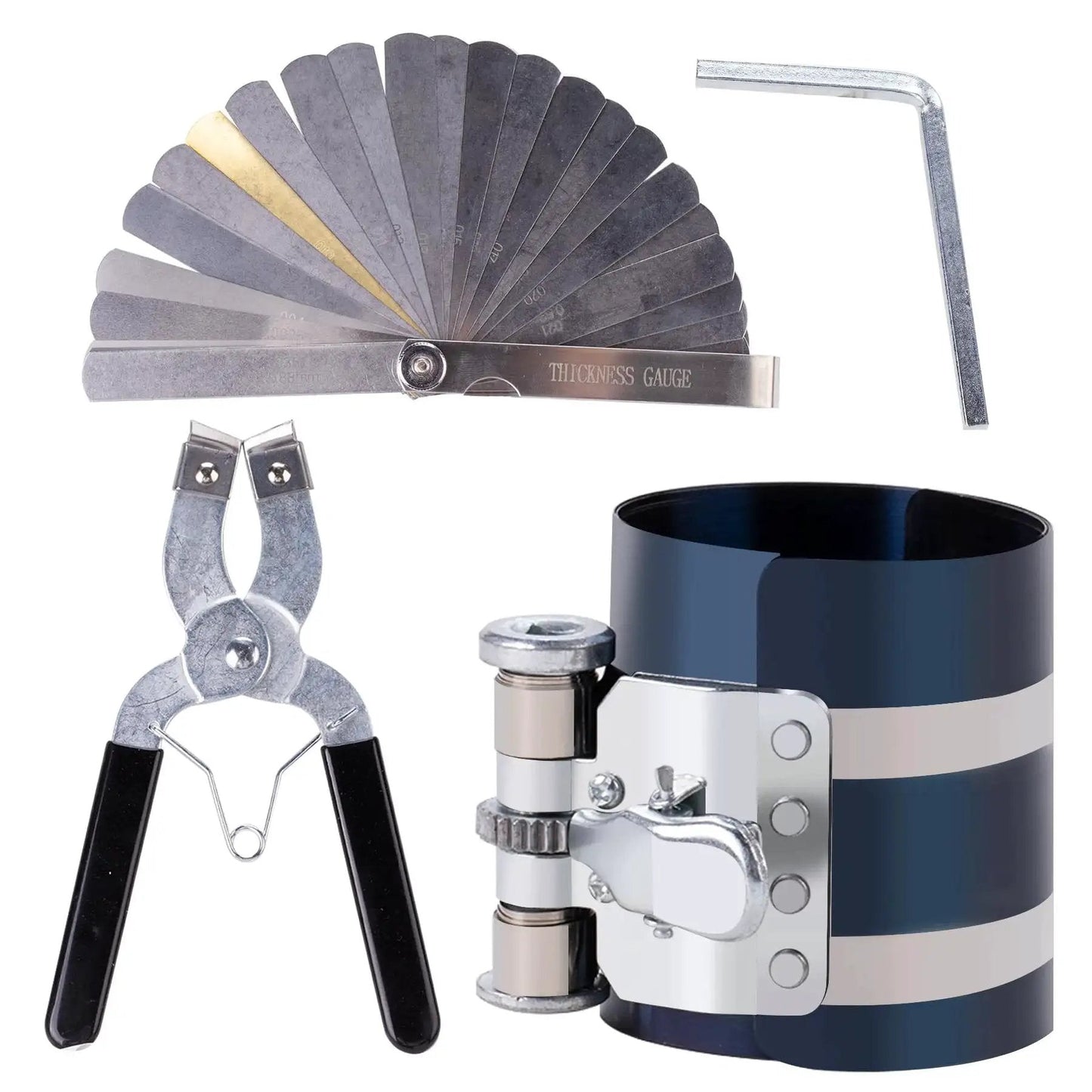 Universal Piston Ring Compressor Tool Set For Cars And Trucks With Adjustable 2-1/8 Inch To 7 Inch Belt Diameter, Piston Installer Plier, Stainless Steel Feeler Gauge, Spring Steel Construction, Corrosion Resistant Coated Finish, Long-Lasting Pro Kit.
