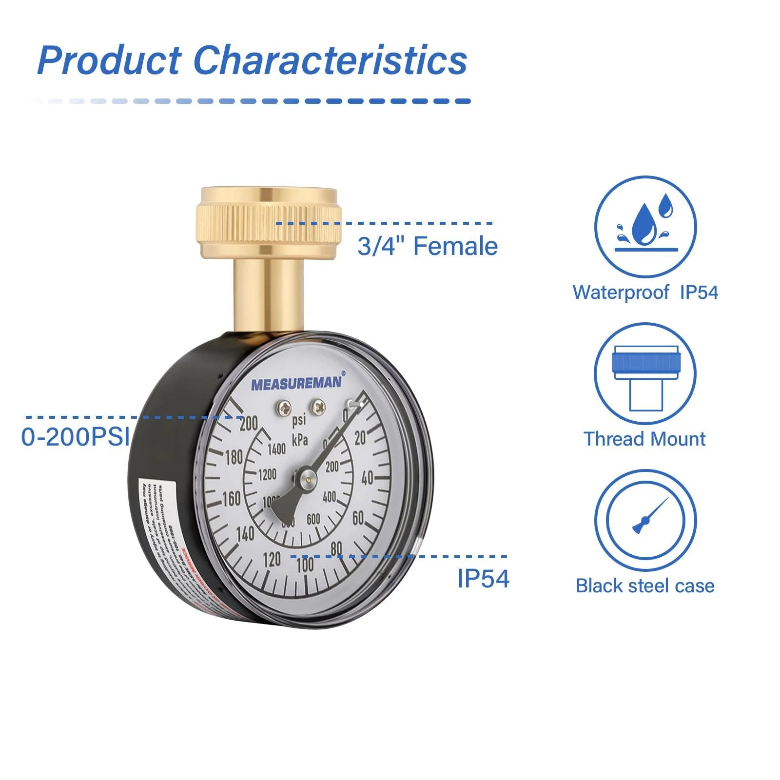 Water Pressure Gauge 0 To 200 PSI With Two And A Half Inch Dial And Three Quarter Inch Hose Thread in waterproof case