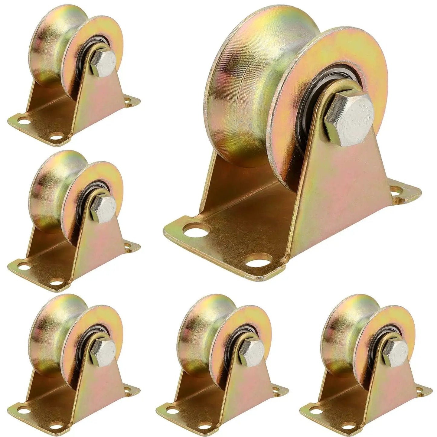 6 Pack 2 Inch U Groove Wheel Pulley Kit With Steel U Type Track Wheel Rigid Caster With Bracket For Inverted Track Sliding Gate Rollers Rolling Gate Wire Rope Rail Load Capacity 660 Lbs.