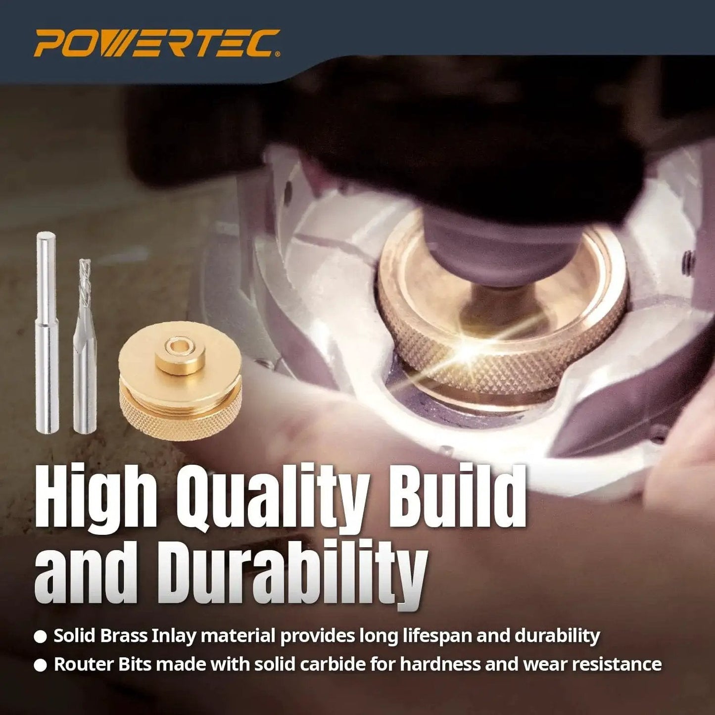 Brass Inlay Router Kit With Bushing Guide And Alignment Pin For Precise Woodworking Includes One Eighth Inch Solid Carbide Spiral Bit