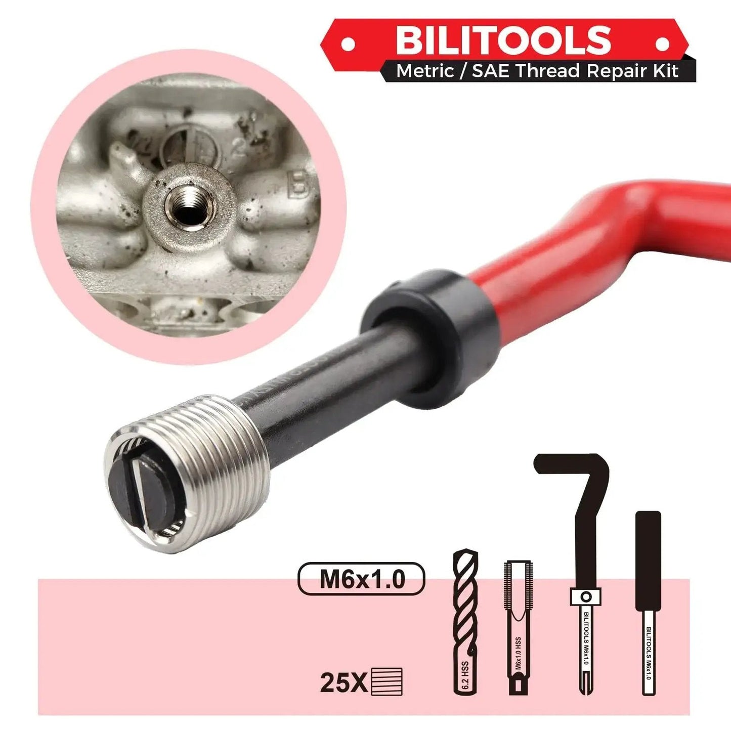Image of M6x1.0 Thread Repair Kit with HSS Drill showing coil insert being applied to a metal object, with red handle tool and components.
