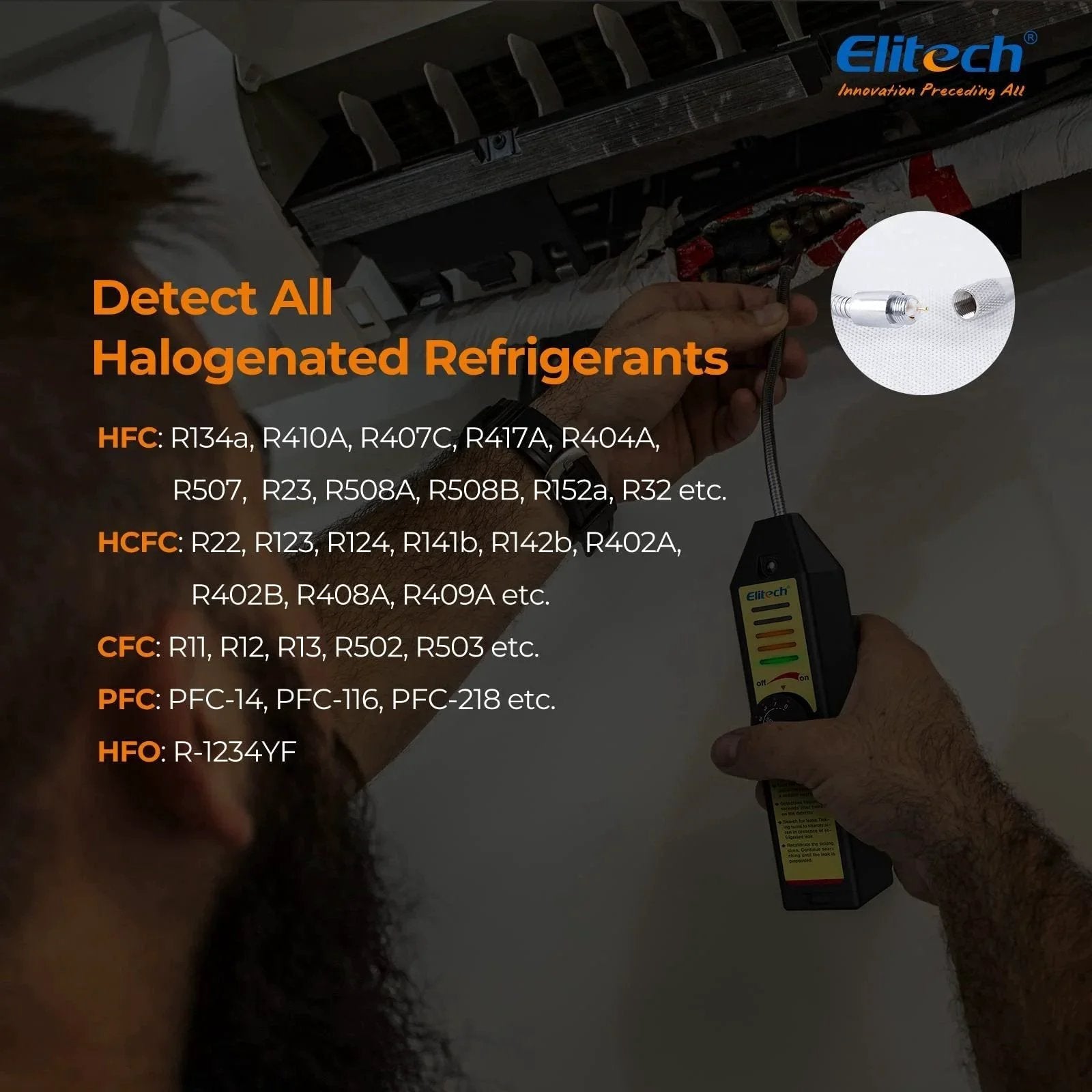 Freon Leak Detector For Halogen Refrigerants With Adjustable Sensitivity For HVAC And AC Sniffing Detects R22 R134A R410A R1234YF And All CFC HCFC HFC Blends Reliable Halogen Gas Tester For Ductwork And Maintenance Elitech WJL6000S in use near air duct.