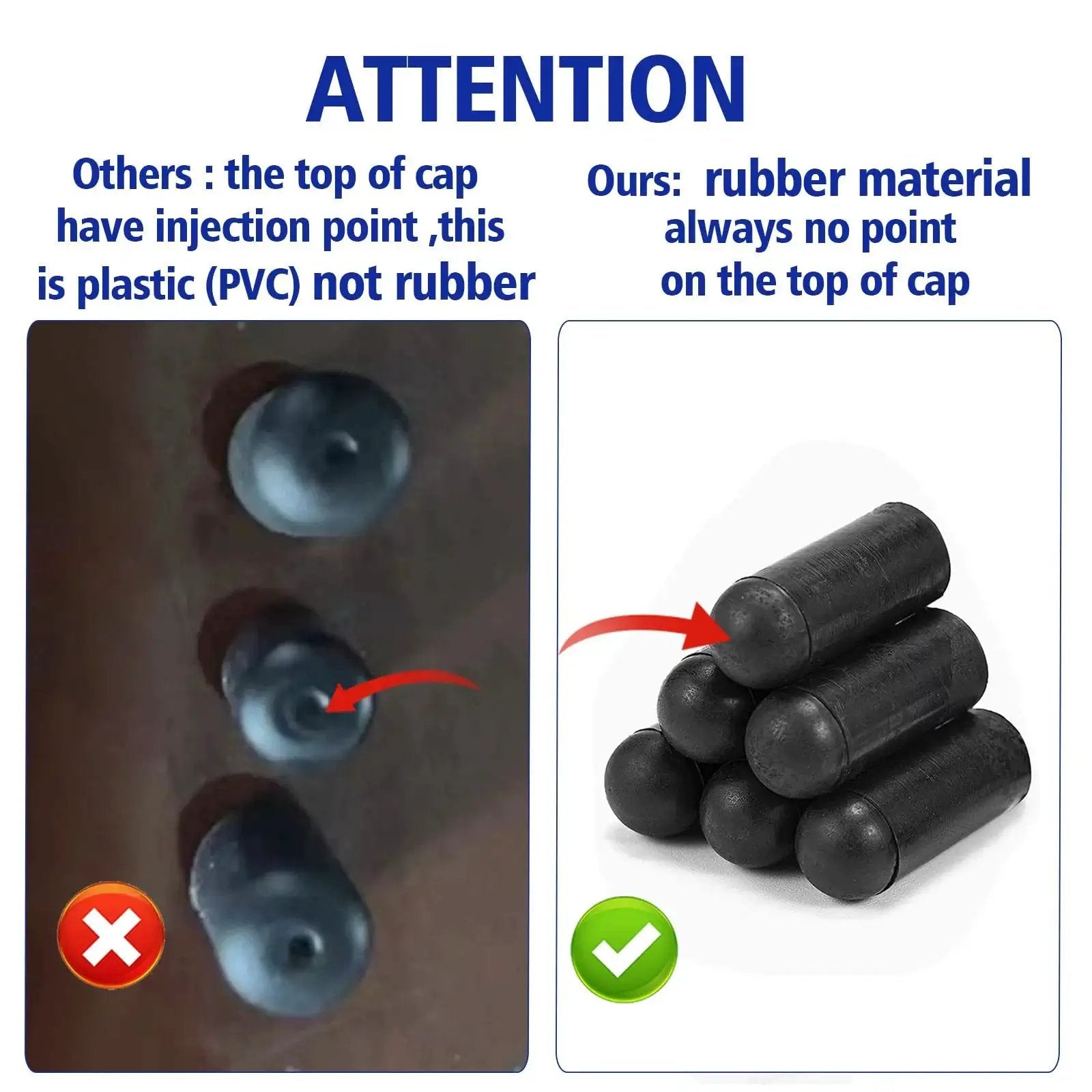 Comparison of injection point on plastic cap vs. rubber cap for Ultimate Garage Must Have 248 Piece Automotive Vacuum Tubing Connector And Cap Assortment Kit.