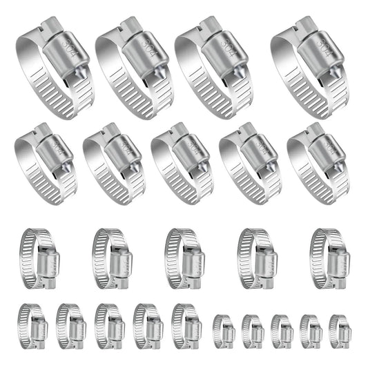 24 Piece Adjustable Stainless Steel Hose Clamps Set Ranging From One Quarter Inch To Two Inches (Six To Fifty One Millimeters) Hose Clamp Assortment Kit For Home Garden And Automotive Use