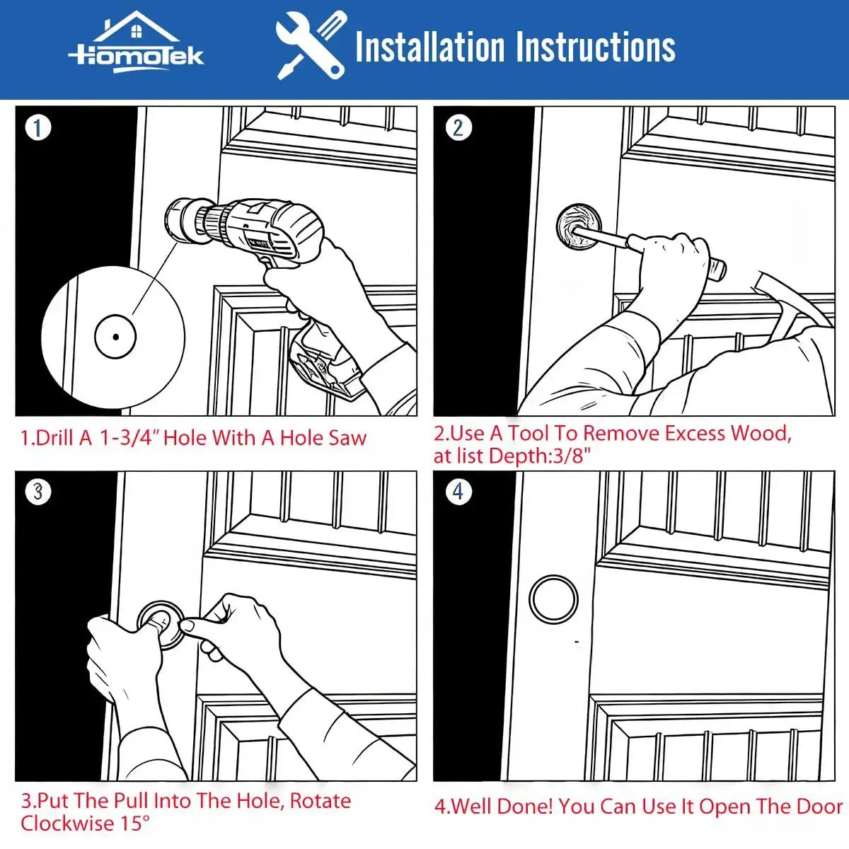 Installation instructions for 8 Pack Black Closet Door Finger Pulls 1-3/4 Inch Diameter Opening Fits 3/8 Inch Depth Easy Snap In Installation