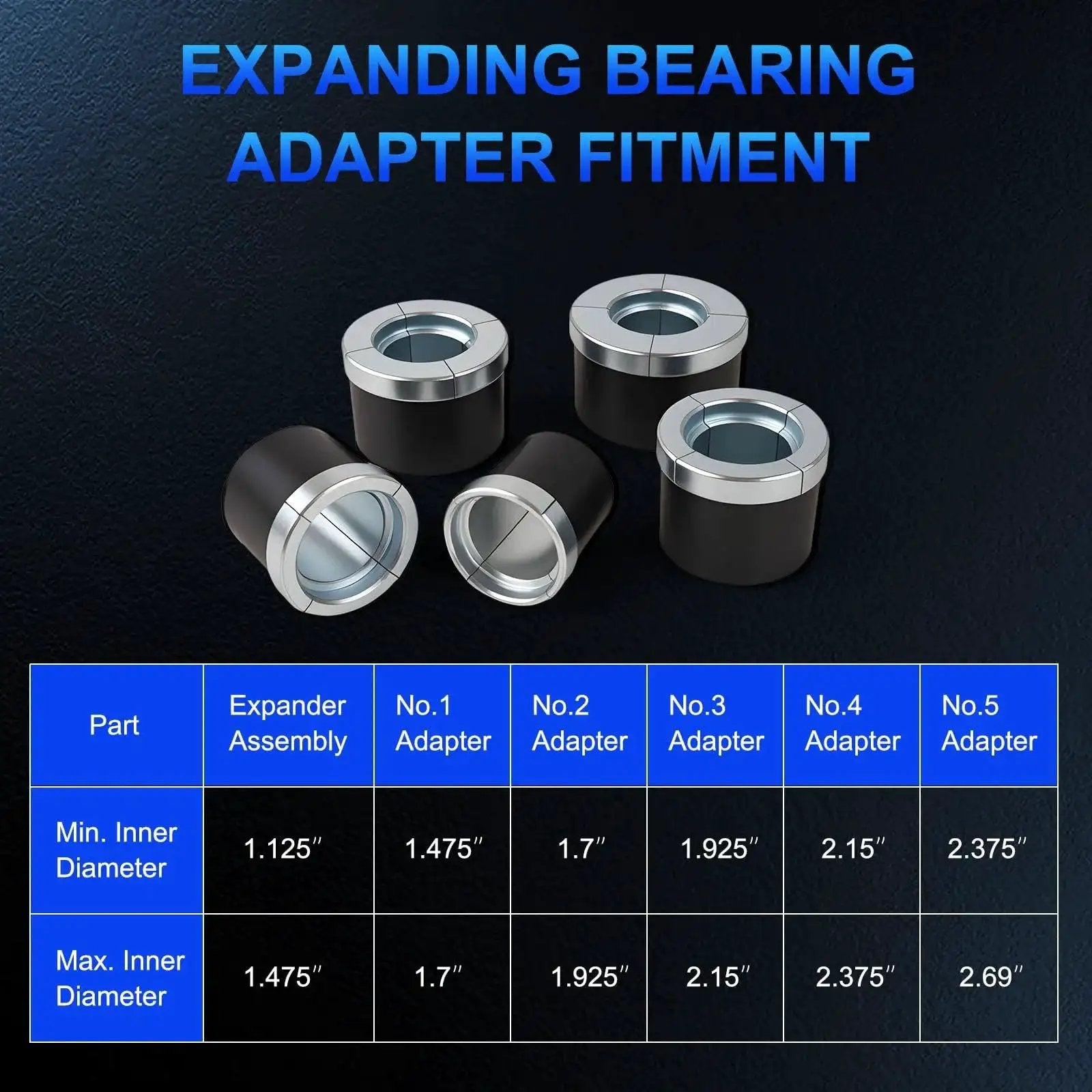 Universal Cam Bearing Installation And Removal Tool Kit with 1-1/8 to 2-2/3 inch adapters and fitment chart displayed.