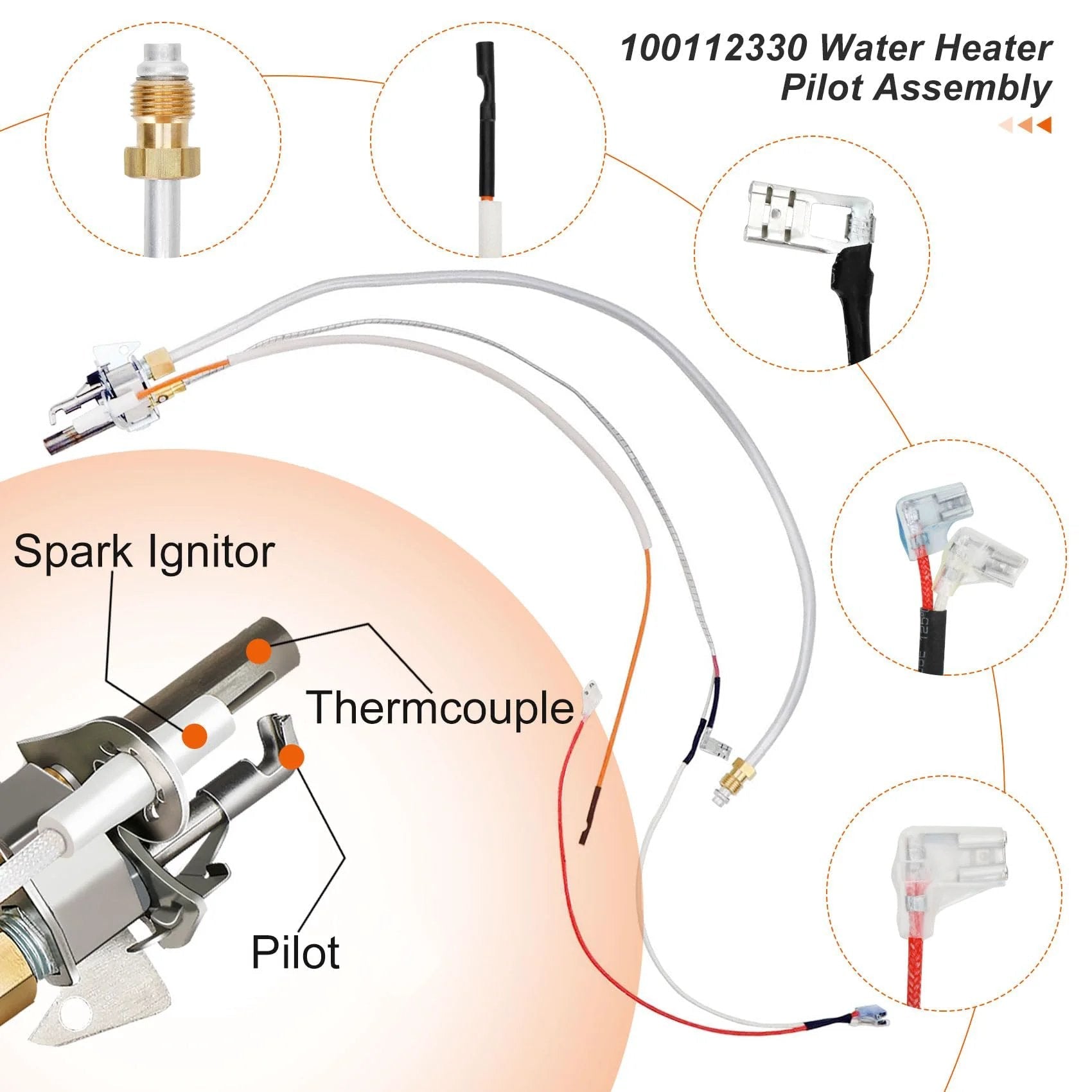 Upgrade 100112330 Water Heater Pilot Assembly For 300 And 301 Series Whirlpool And A O Smith Water Heaters Includes 9007876 Thermopile Replacement Compatible With Reliance American State Kenmore showing connectors and wiring details