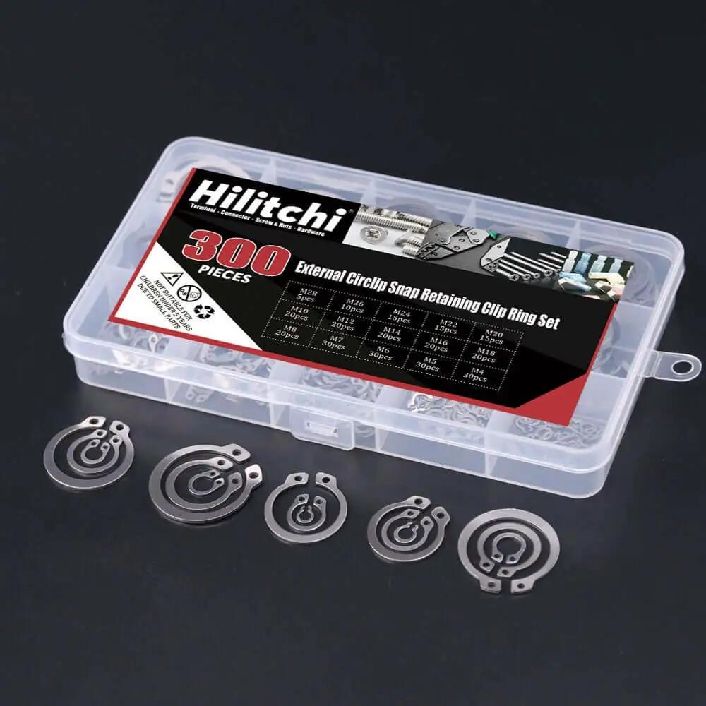 External Circlip Snap Ring Set For Retaining Clips, 15 Metric Sizes Including 4 5 6, 304 Stainless Steel, Rust Resistant, 300 Piece Assortment, Hilitchi