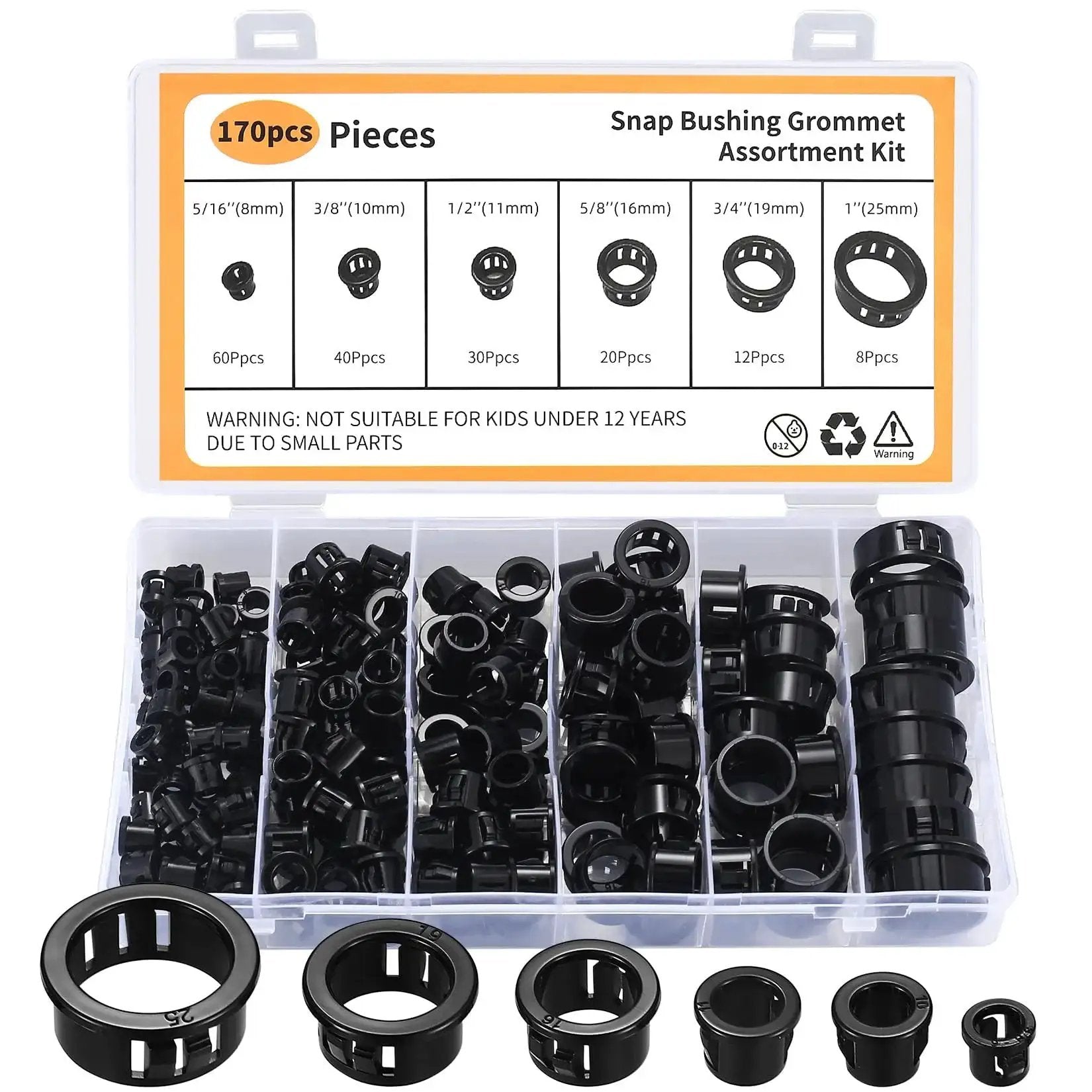 170 Pcs Black Round Nylon Cable Snap Grommets Set Durable PA66 Material in assorted sizes, organized in a plastic case