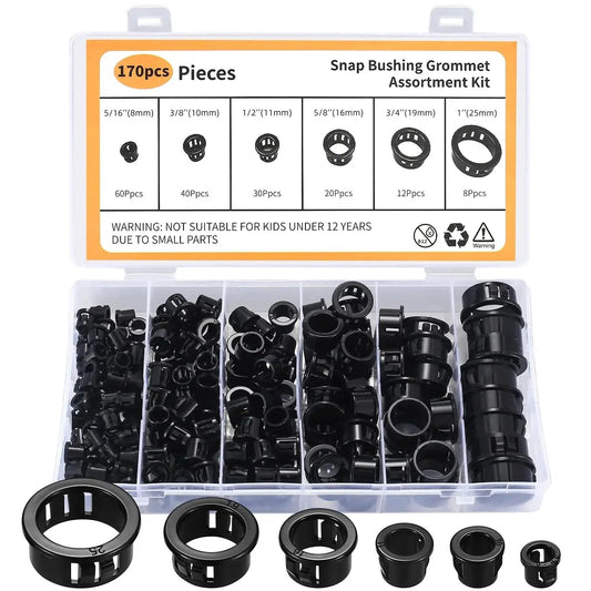 170 Pcs Black Round Nylon Cable Snap Grommets Set Durable PA66 Material in assorted sizes, organized in a plastic case