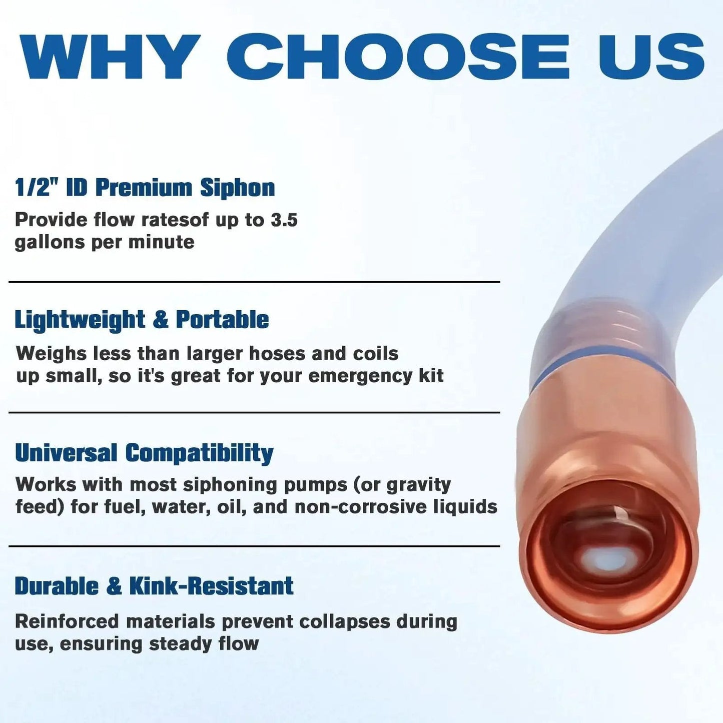 Close-up of the One Half Inch Siphon Hose for Gasoline and Water Transfer Self Priming 10ft with highlighted features