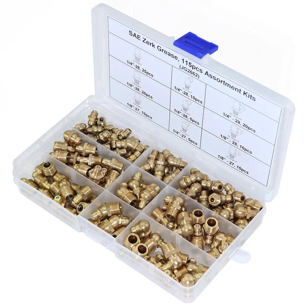115 Piece SAE Brass Zerk Fitting Assortment Kit for Hydraulic Grease Straight One Quarter Inch Twenty Eight Threads One Eighth Inch and Forty Five Degree and Ninety Degree Angled Zerk Set Heavy Duty Brass Bronze Construction Plastic Case Included