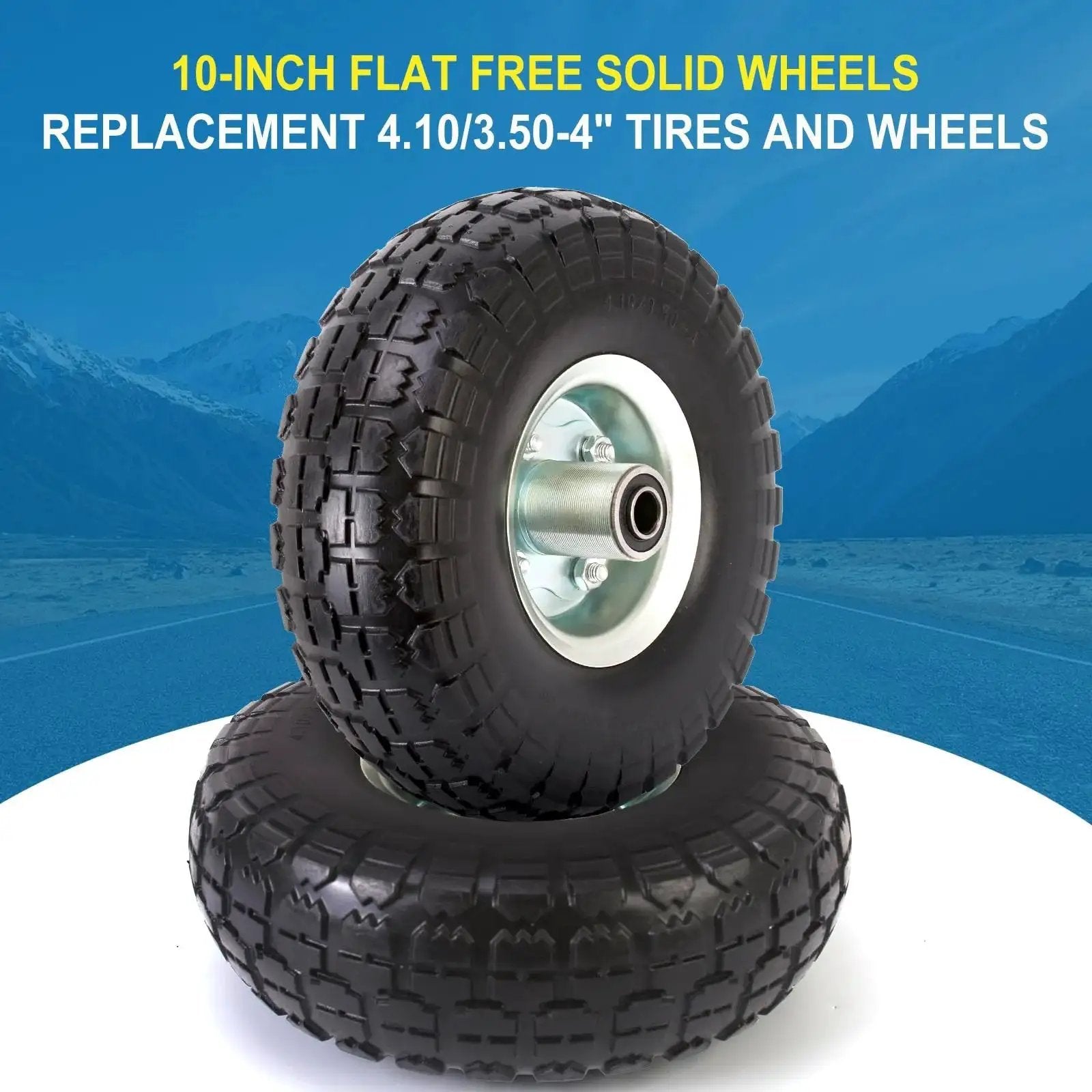 Two Pack 10 Inch Solid Polyurethane Tires For Garden Carts Hand Trucks Lawn Carts And Mowers With Flat Free Wheels And Five Eighth Inch Bearings