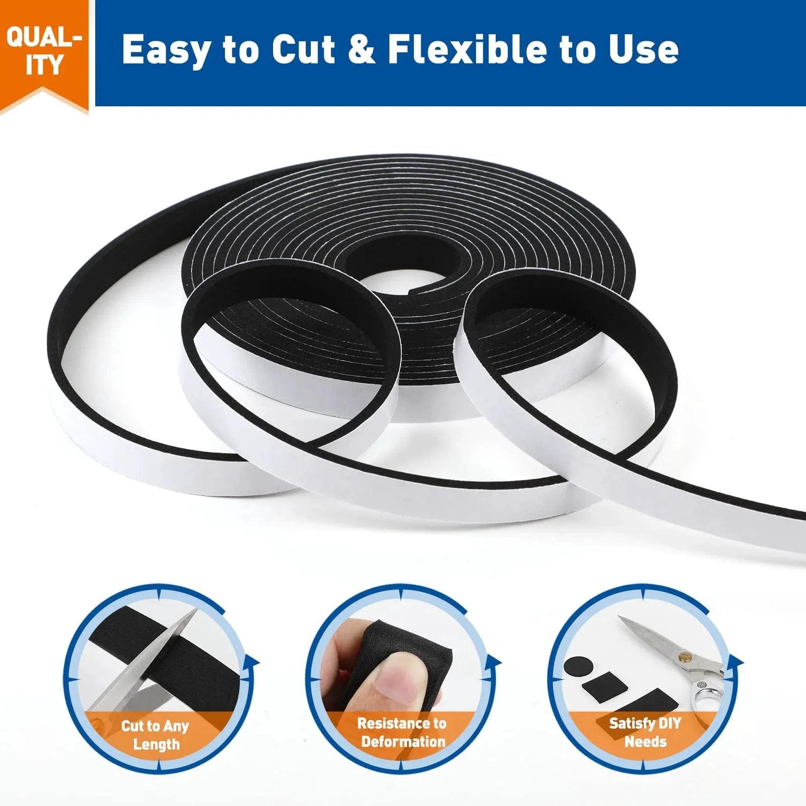 Weather Stripping Door Seal Foam Tape One Half Inch Wide One Eighth Inch Thick Heavy Duty Adhesive Weatherproof Seal For Windows And Doors Black Fifty Feet Total Three Rolls Soundproof No Sweat Draft Stopper shown coiled.