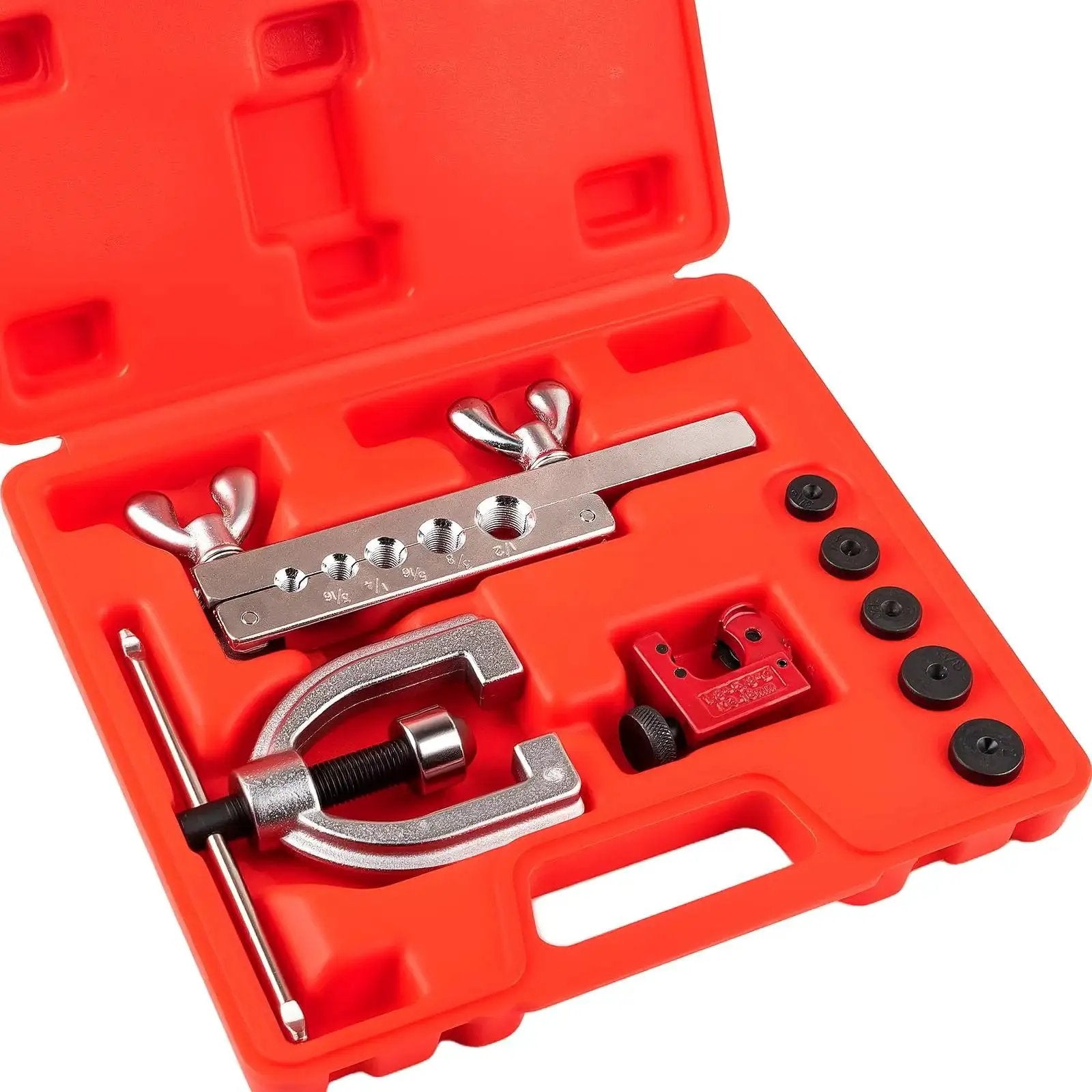 Brake Line Flaring Tool Kit With 5 Adapters For Brass Copper Aluminum 45 Degree in red case, showing tools and adapters.