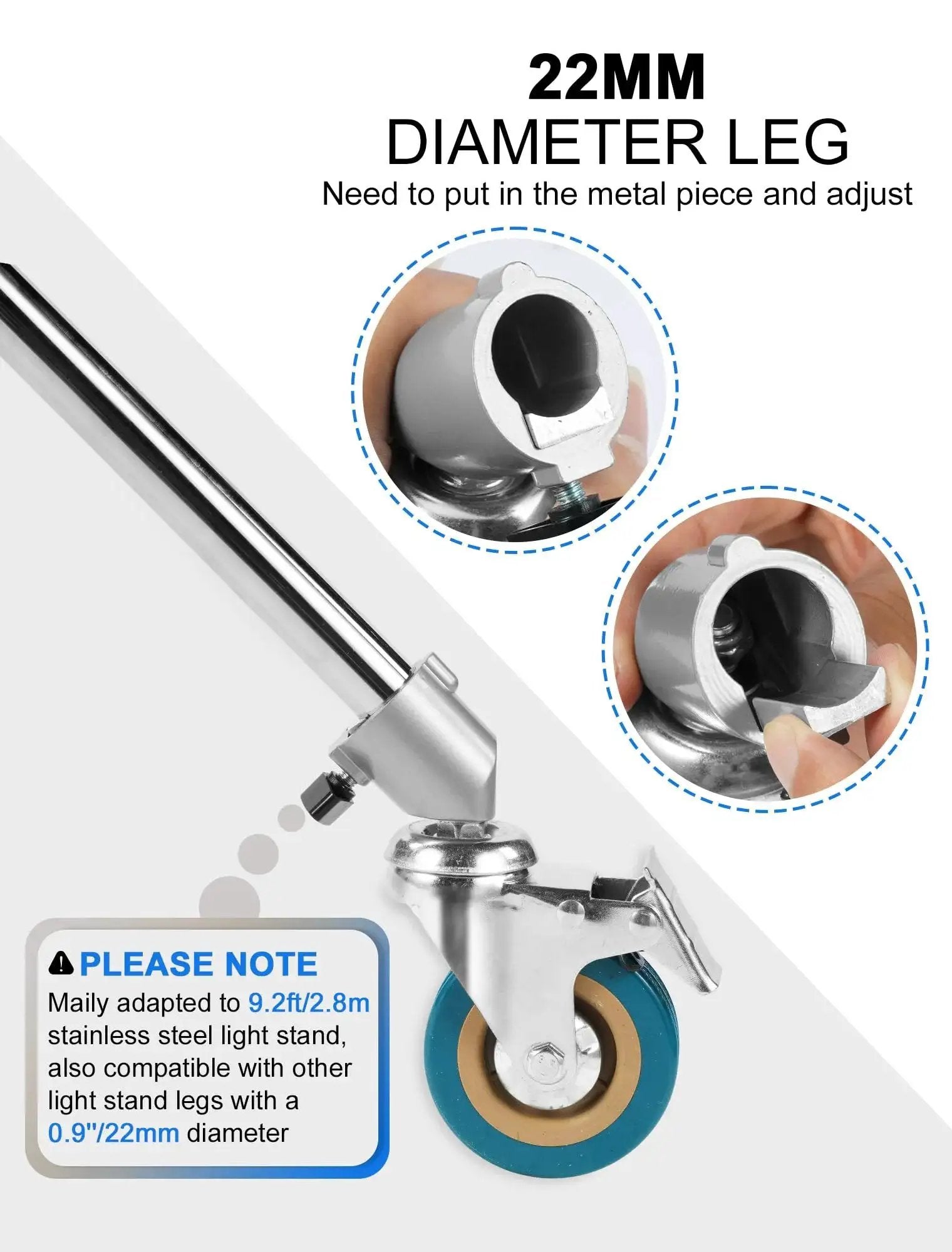 Professional Light Stand Wheels Set 0.9 Inch 22mm Diameter Swivel Casters with Rubber Wheels and Foot Brake Lock